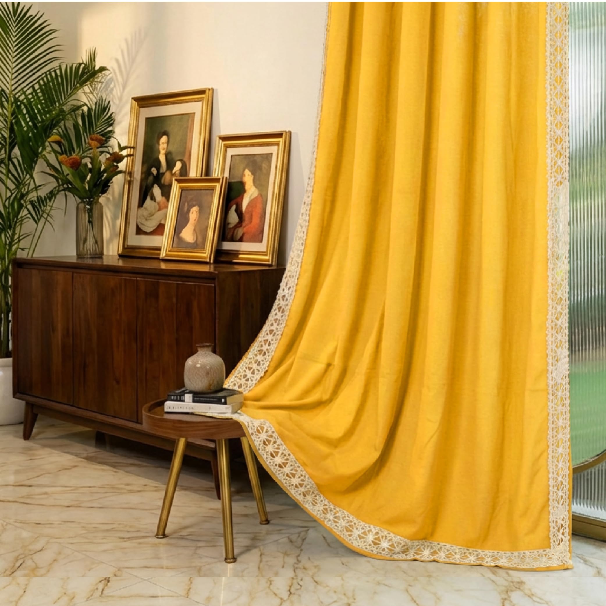 Urban Space Bohemian Curtains for Window, 100% Cotton Curtain 5 Feet Long, 1 Piece Decorative Curtain with Lace Trim, Tieback & Eyelets Included (Aura Yellow with Lace Trim, Window - 5 feet)