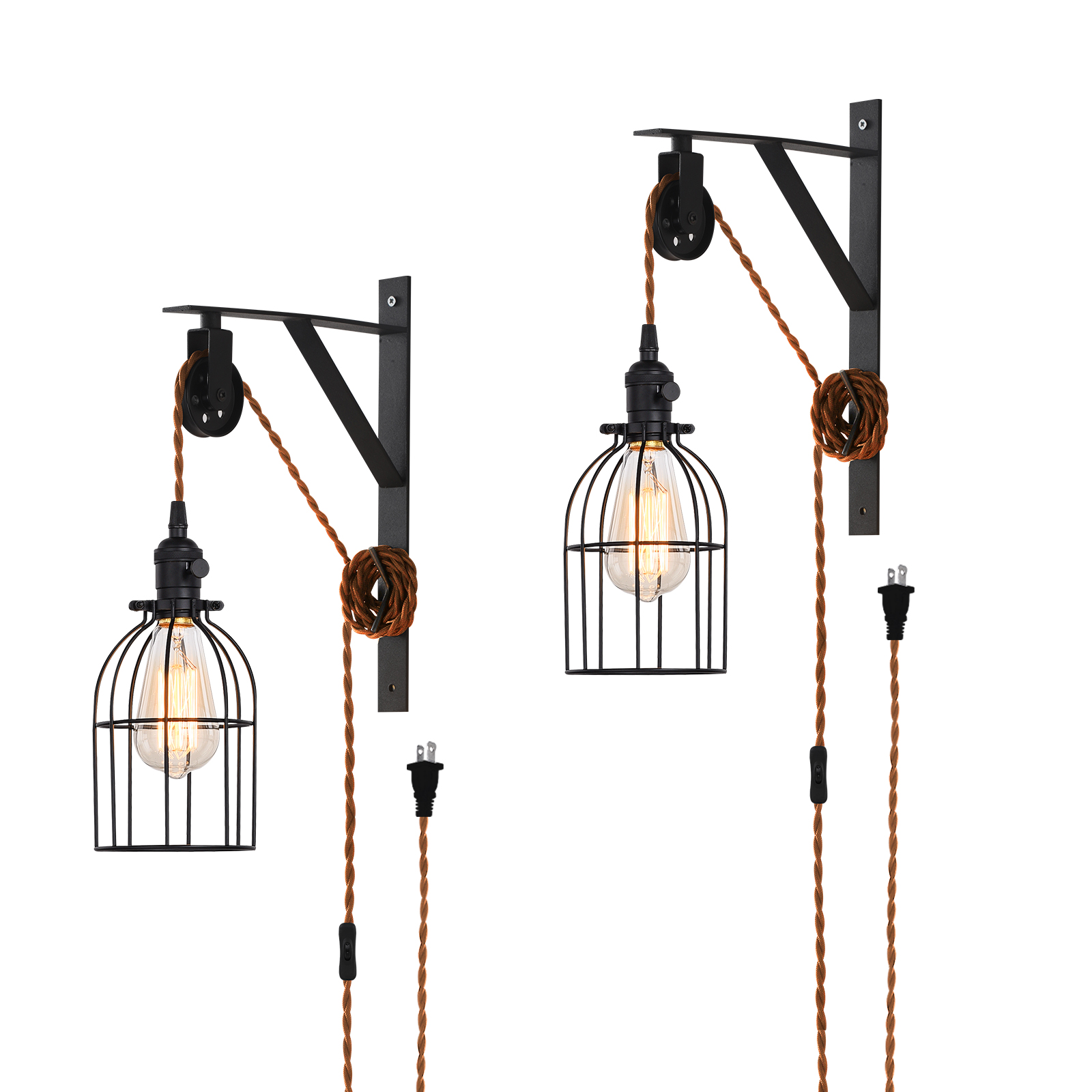 Image of Plug in Pendant Light Set of 2, Farmhouse Pulley Wall Lamp with 7-Foot Brown Plug in Cord & Switch, Industrial Hanging Lamps that Plug into Wall Outlet, Plug in Wall Sconces for Bedroom.