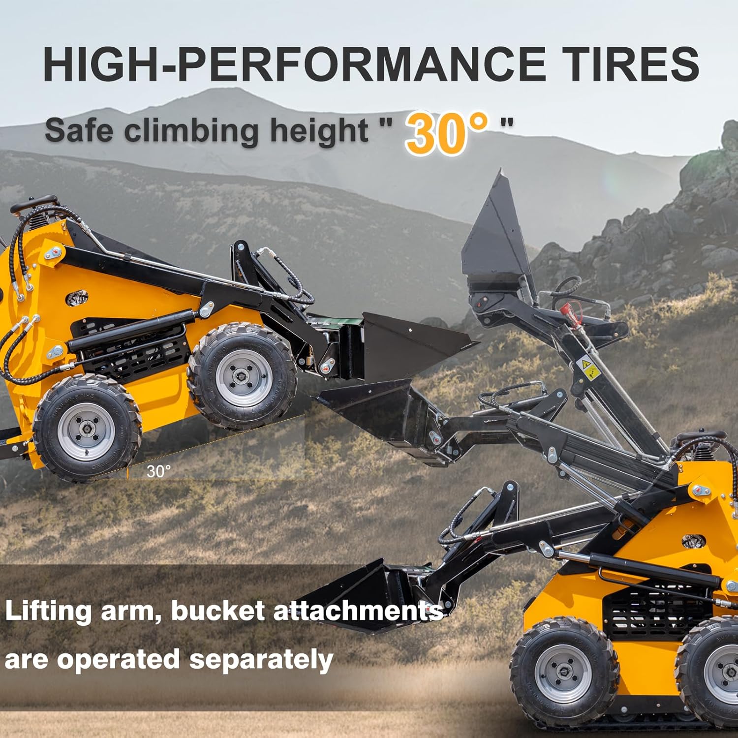MS380L Mini Wheel Skid Steer Loader with Bucket, 23HP RATO Gasoline Engine, Compact Stand-on Skid Steer Loader for Warehouses, Engineering & Farms, Gardens and Parks