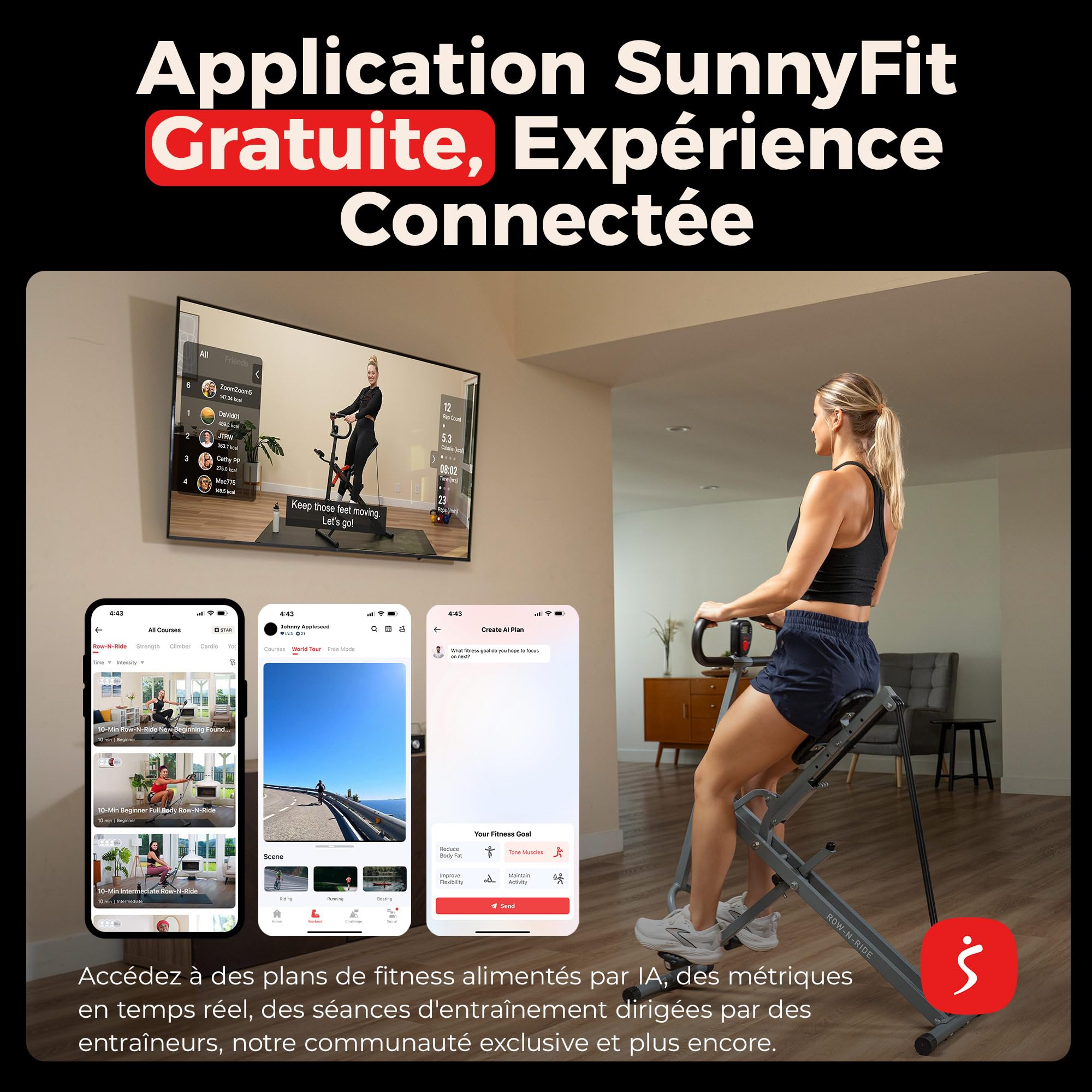 Sunny Health & Fitness Appareil Row-N-Ride Squat Assist, Équipement d’Entraînement Pliable avec Résistance Réglable, Machine de Fitness à Domicile pour Travailler Bras, Fessiers et Jambes, Option Plus