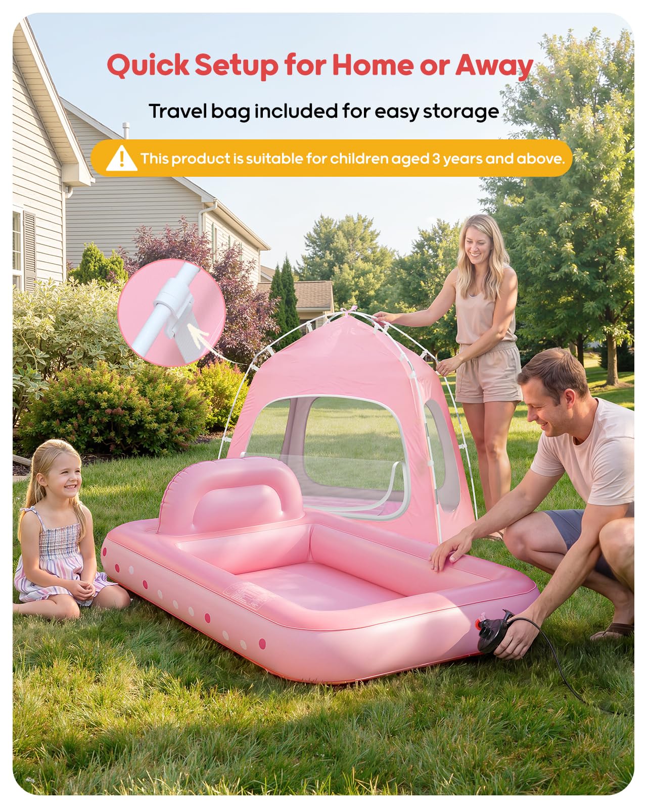 QPAU - Cama Inflable de Viaje para niños pequeños con Tienda de campaña, Color Rosa