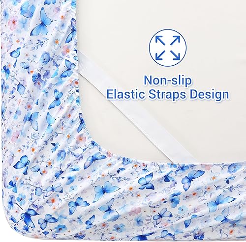 Miniatura 2 de Softan - Juego de sábanas y funda de almohada de microfibra Individual con estampado de flores azules y mariposas, sábana bajera con correas