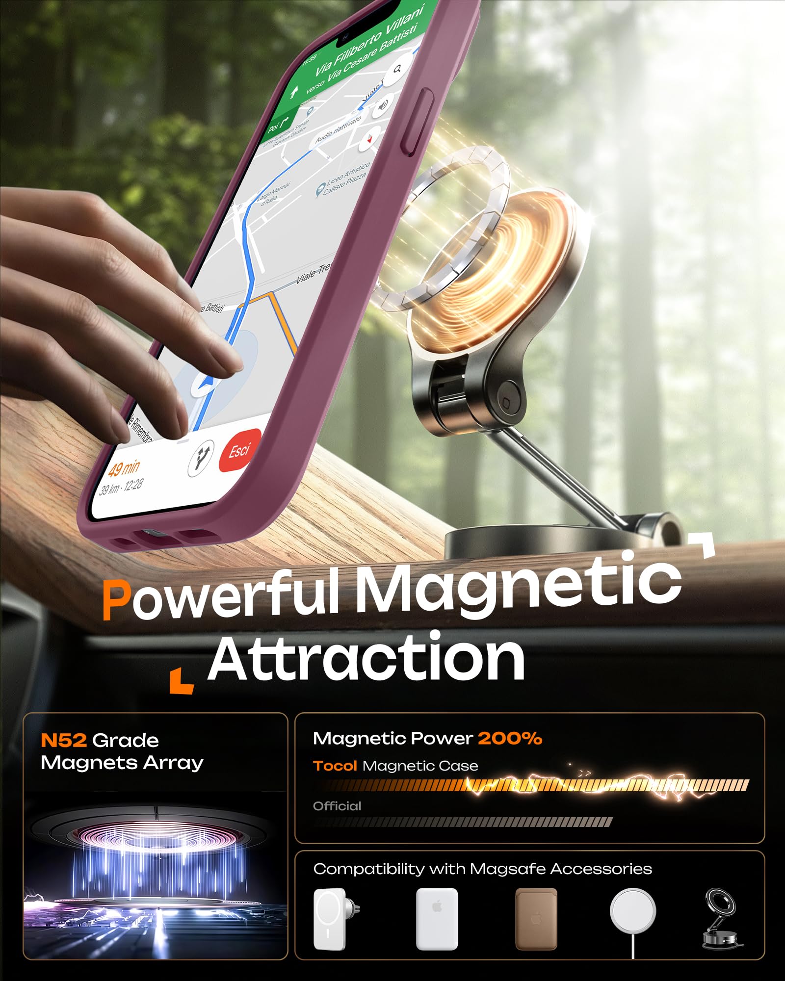 TOCOL Cover Magnetica per iPhone 14 6,1 Pollic, Compatibile con MagSafe, Protezione Fotocamera Integrata, Custodia Antiurto Traslucida Opaca, Prugna