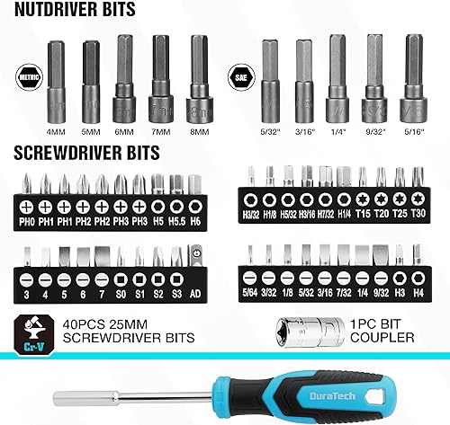 Miniatura 5 de DURATECH Kit de herramientas mecánicas de 121 piezas, incluye juego de enchufes SAE/métricos, trinquete de 72 dientes, destornillador magnético 40