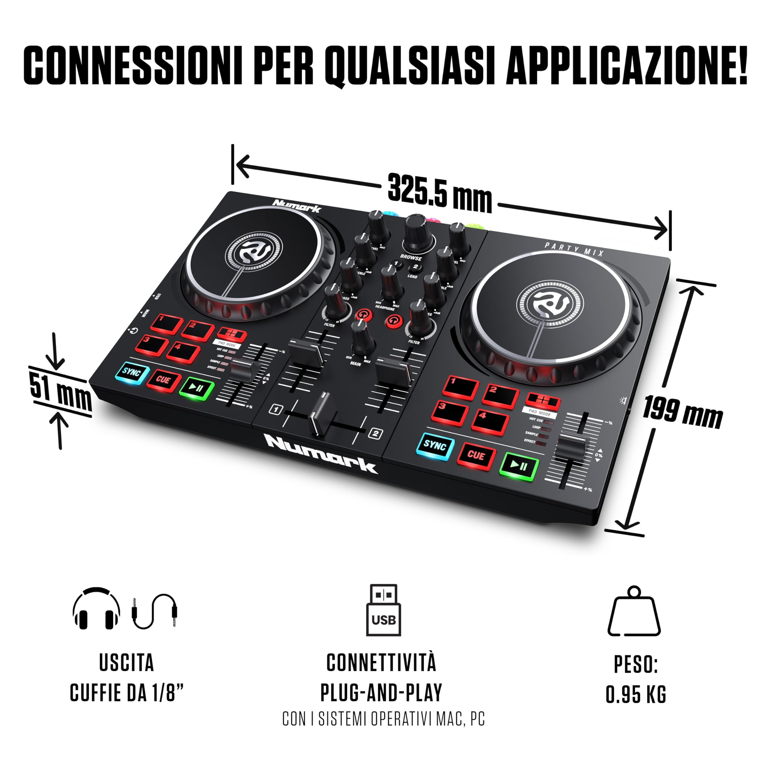 Numark Party Mix II + HF 125 - Console DJ, Set da DJ per Principianti con Luci Discoteca e Mixer Audio per Serato DJ Lite + Cuffie DJ con Filo e Serato DJ Lite