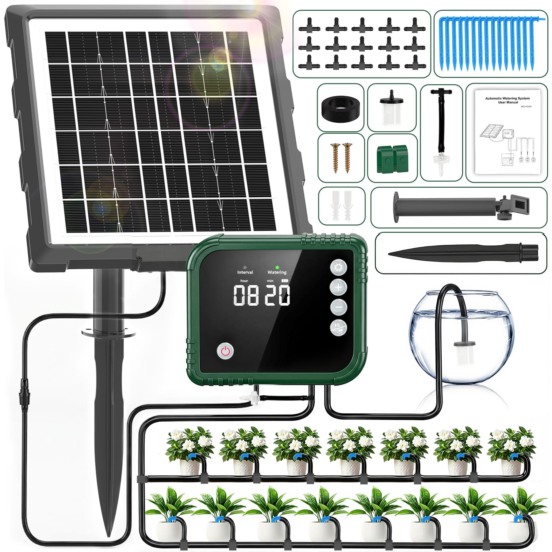 Sistema de riego solar para plantas de balcón con pantalla LCD, 350 modos automáticos de temporizador de riego, riego automático por goteo para 15 plantas con manguera de 15 m, riego automático