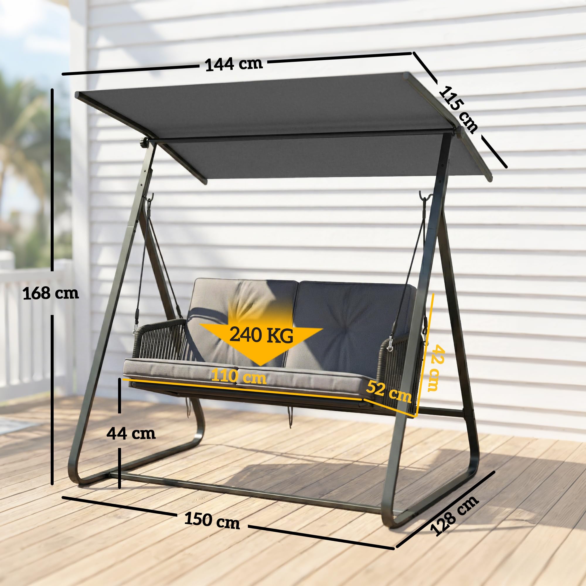 Outsunny - Balancín de jardín (2 plazas, resina trenzada, columpio exterior con techo ajustable y cojín grueso, marco de acero, carga 240 kg, para balcón, jardín, terraza, 150 x 128 x 168 cm, color