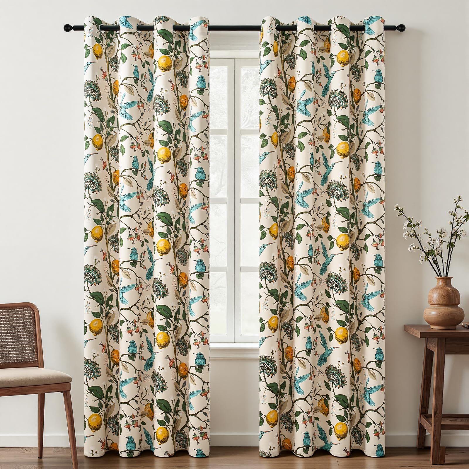 Topfinel Beige Vintage Floral Curtains 84 Inch Long Luxury Whimsical Euro Flower Lemon Hummingbird Patterned Waverly Mid Century Colorful Blackout Drapes for Living Room Bedroom