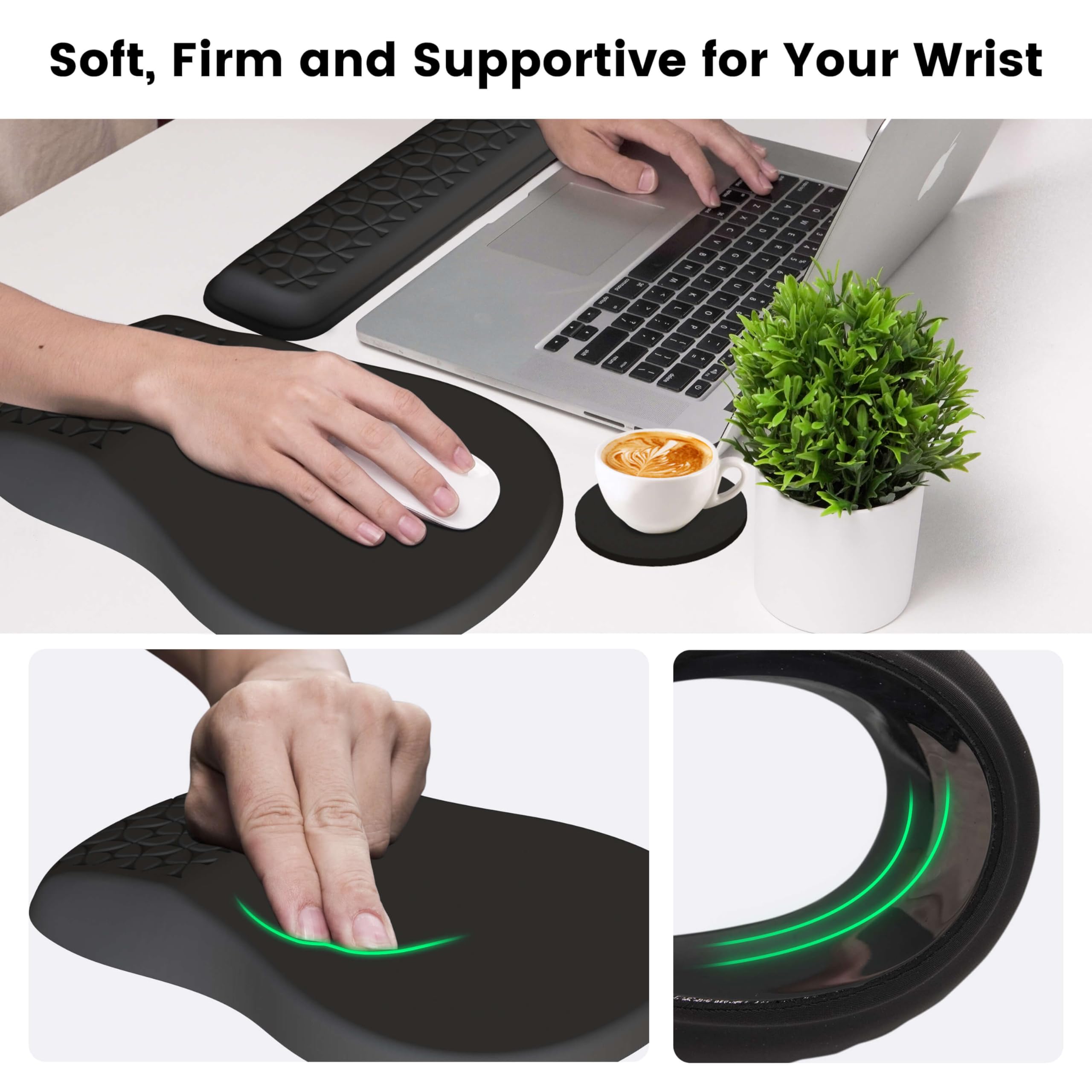 Mekass Set 3 in 1 con tappetino per mouse ergonomico e poggiapolsi per tastiera, in memory foam super morbido, supporto per il polso per tastiera del computer, braccioli antiscivolo per digitare