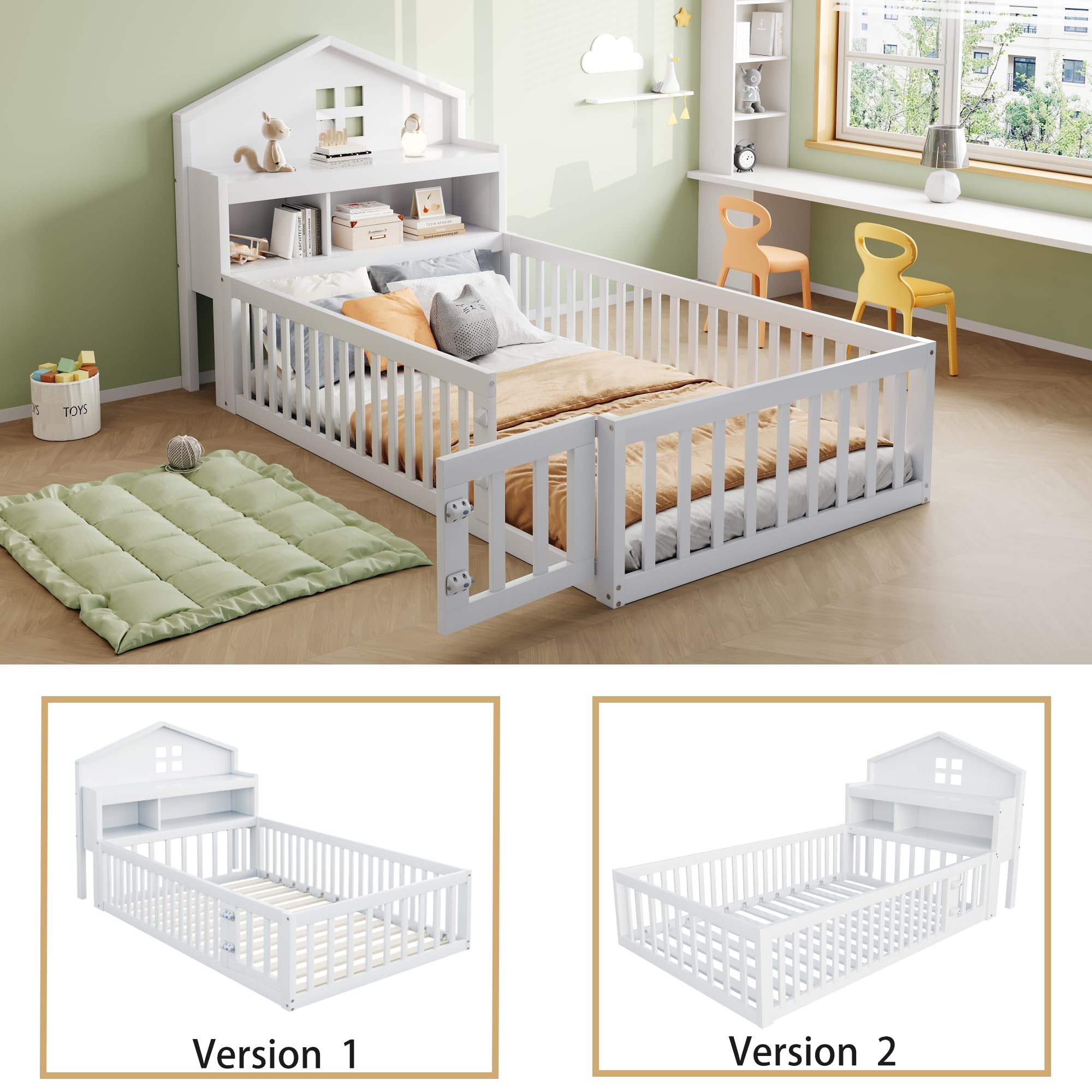 Kinderbett Bodenbett 90x200 cm mit Rausfallschutz&Lattenrost&Tür &Stauraum-Kopfteil&Tafel, Montessori Bett Bed Gitterbett Hausbett Kinder Jugendbett Einzelbett Holzbett Bettgestell, Massivholz, Weiß