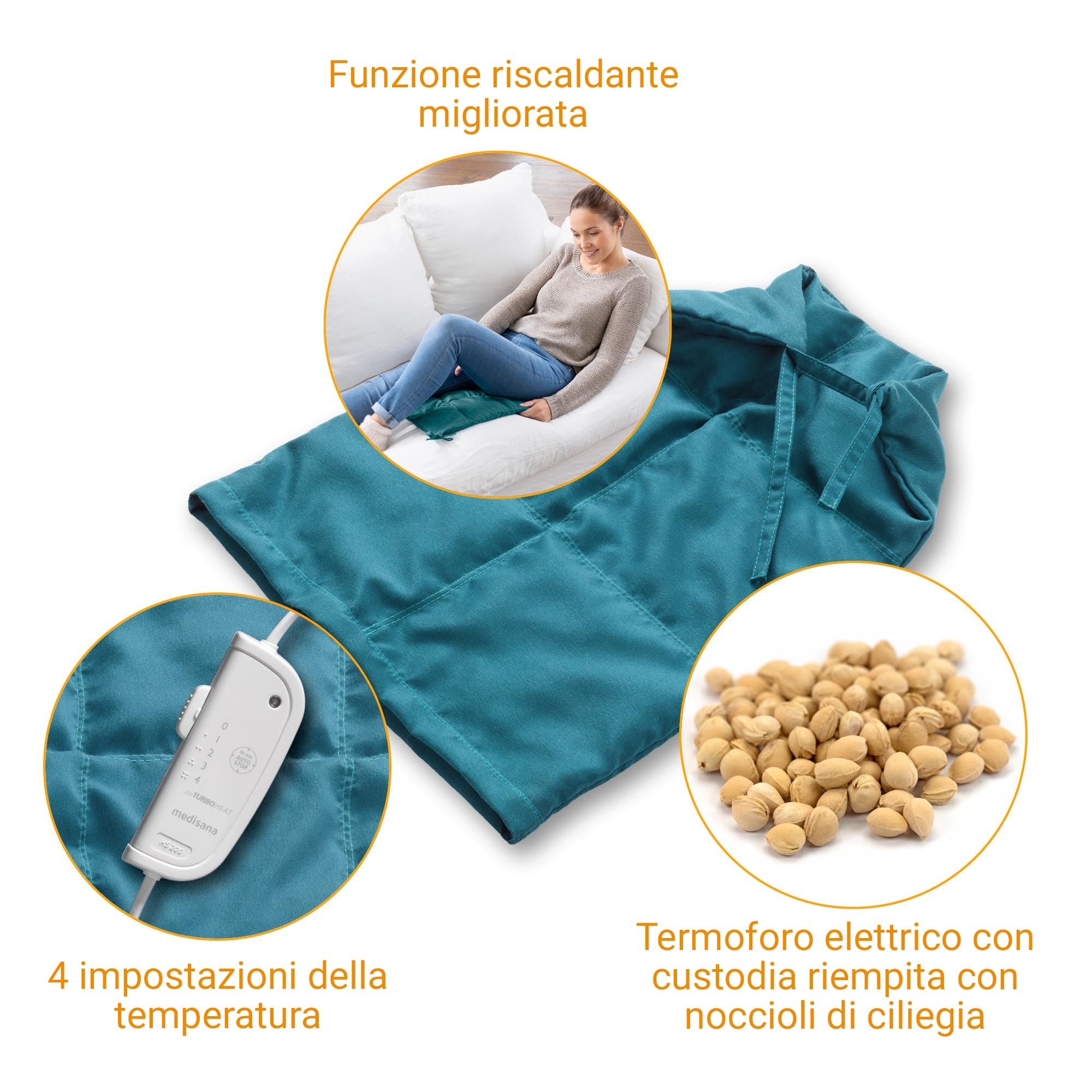 medisana HS 200 cuscino elettrico in pietra di ciliegio con 4 impostazioni di temperatura e spegnimento automatico per alleviare la tensione e il dolore, copertura in cotone 100%