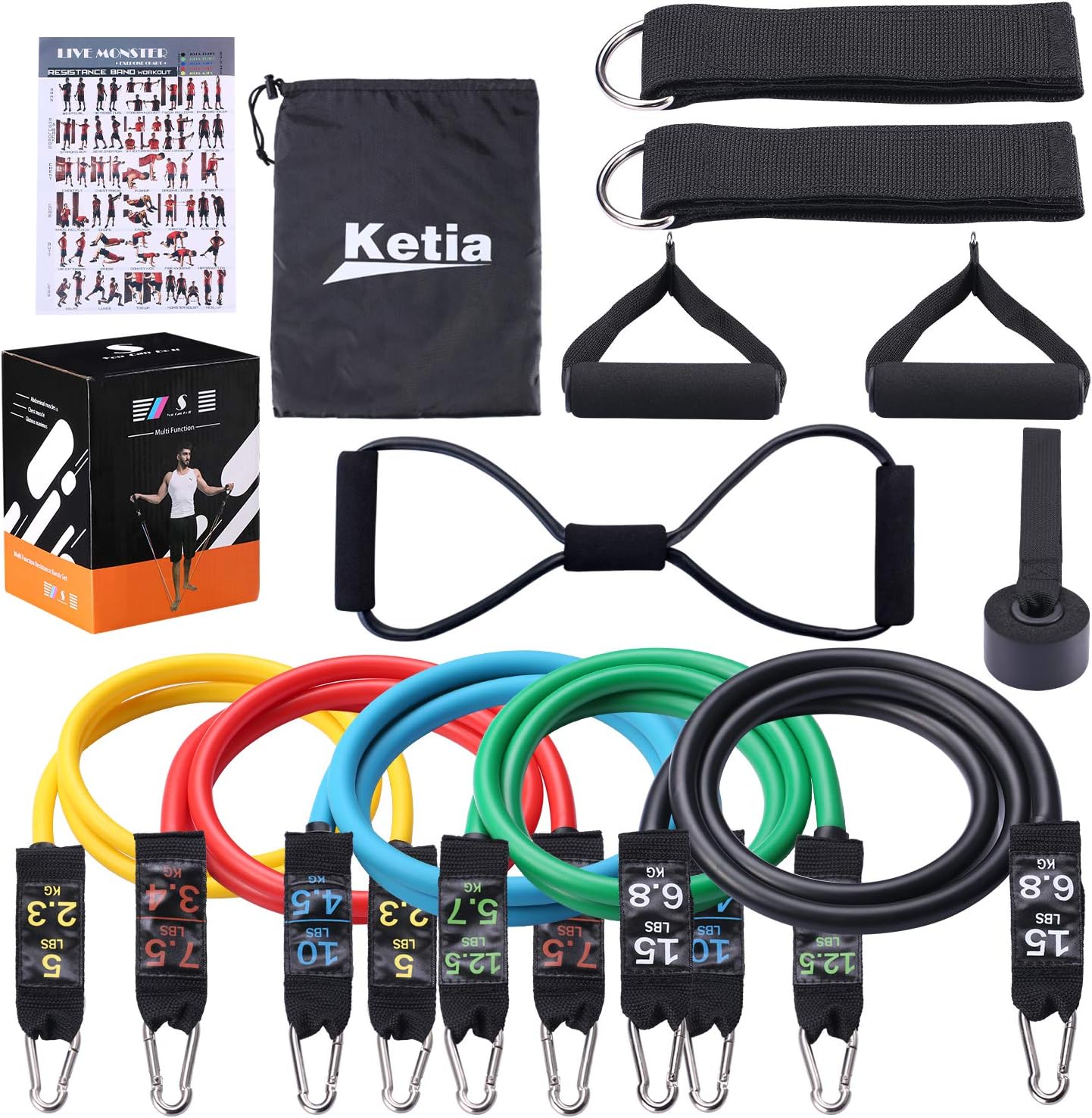 12 Pcs Tube Resistance Bands Set,Door Anchor Attachment, Foam Handle, Ankle Straps, Resistance Exercise Bands,Exercise Tube Bands for Body Shaping, Training