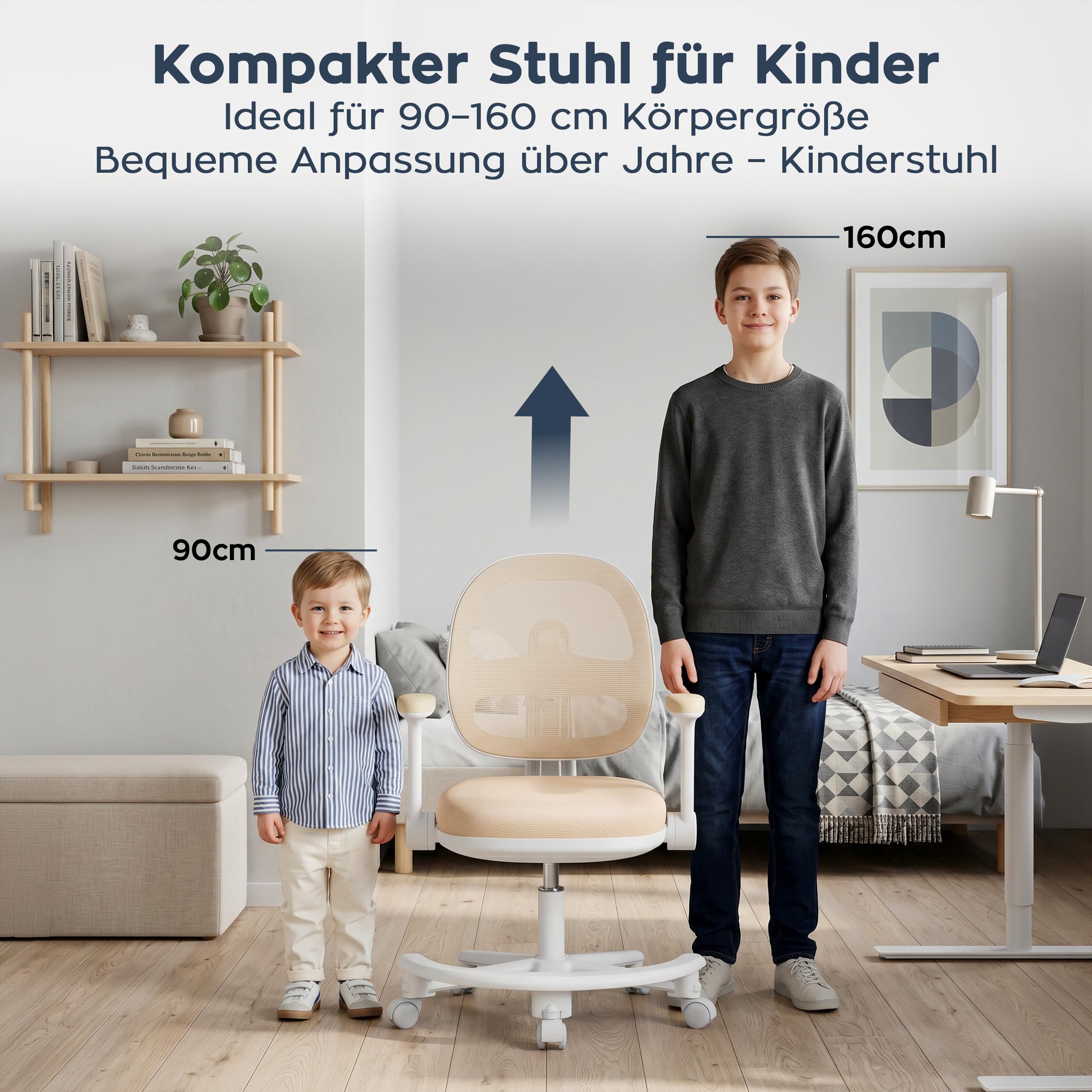 MARK ADLER Junior 3.6 Ergonomischer Schreibtischstuhl für Kinder - Beige | Mitwachsender Drehstuhl 90-160 cm - Höhenverstellbar - Mit Fußstütze - Klappbare Armlehnen 0-90°