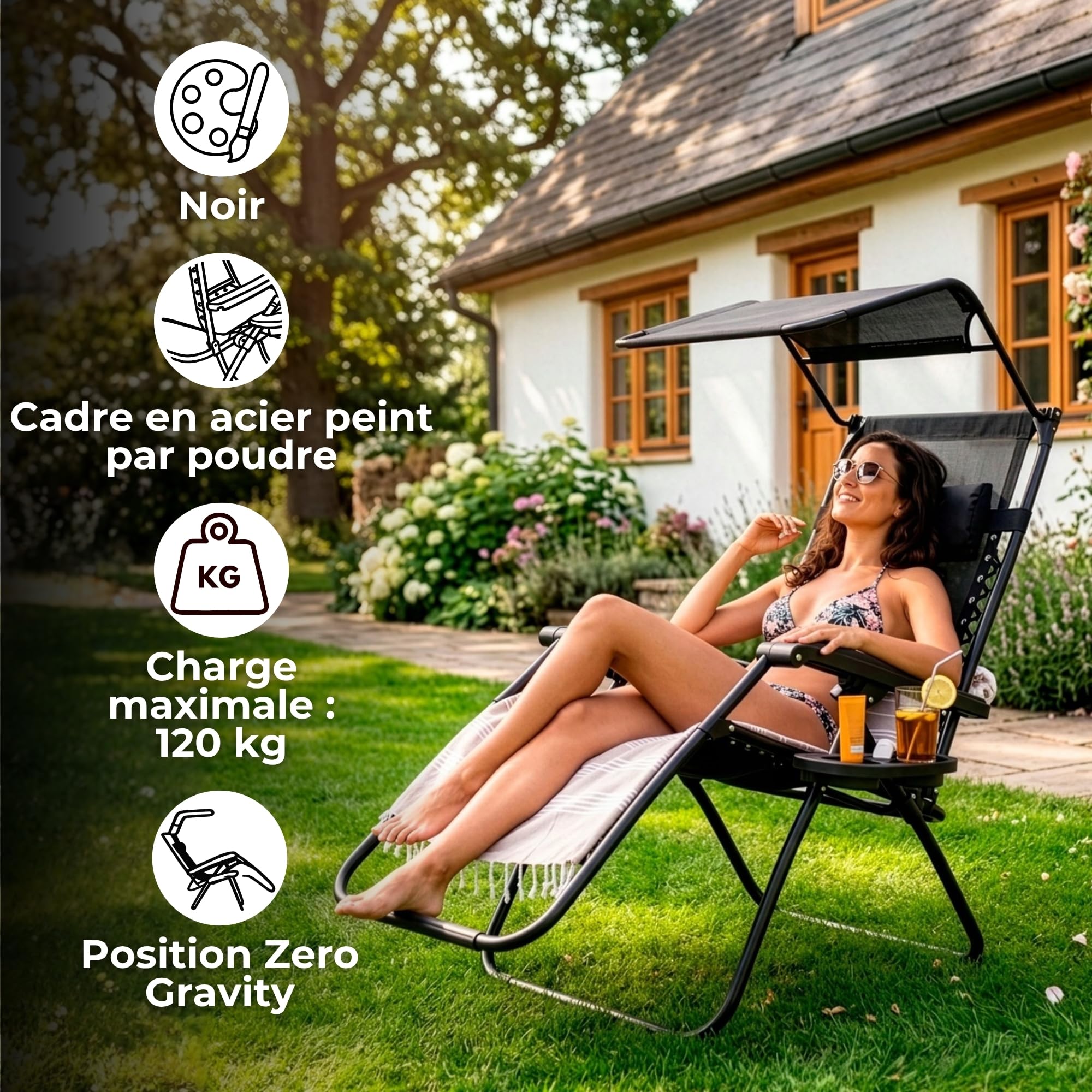 SPRINGOS Chaise Longue avec Pare- Soleil Chaise de Plage avec accoudoirs 62 x 110 cm