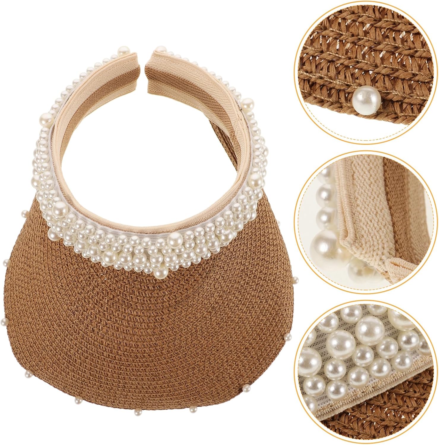 Pearl Embellished Straw Sun Visor Hat for Women Wide Brim Uv Protection Summer Beach Hat with Ponytail Opening - Image 3