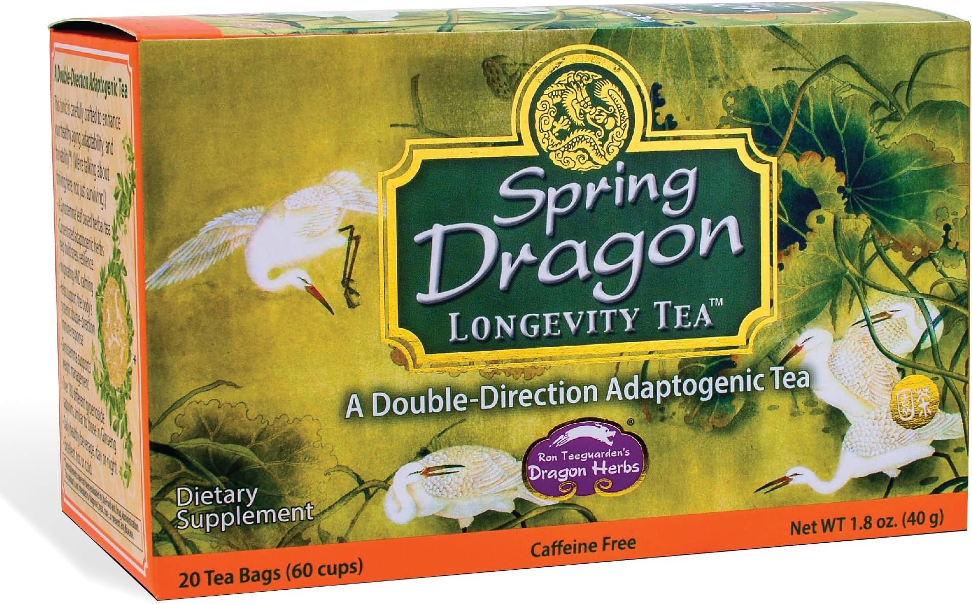 Dragon Herbs Spring Dragon Longevity Tea - Adaptogenic Gynostemma Leaf Herbal Tea Infused with Schizandra Berry, Goji Berry, Astragalus Root, Eleuthero Root, Luo Han Guo Fruit – Immune Support, Calming, Invigorating, Energy, Soothing, Digestion Support, Caffeine Free - 20 Individually Wrapped Bags, Makes 60 servings