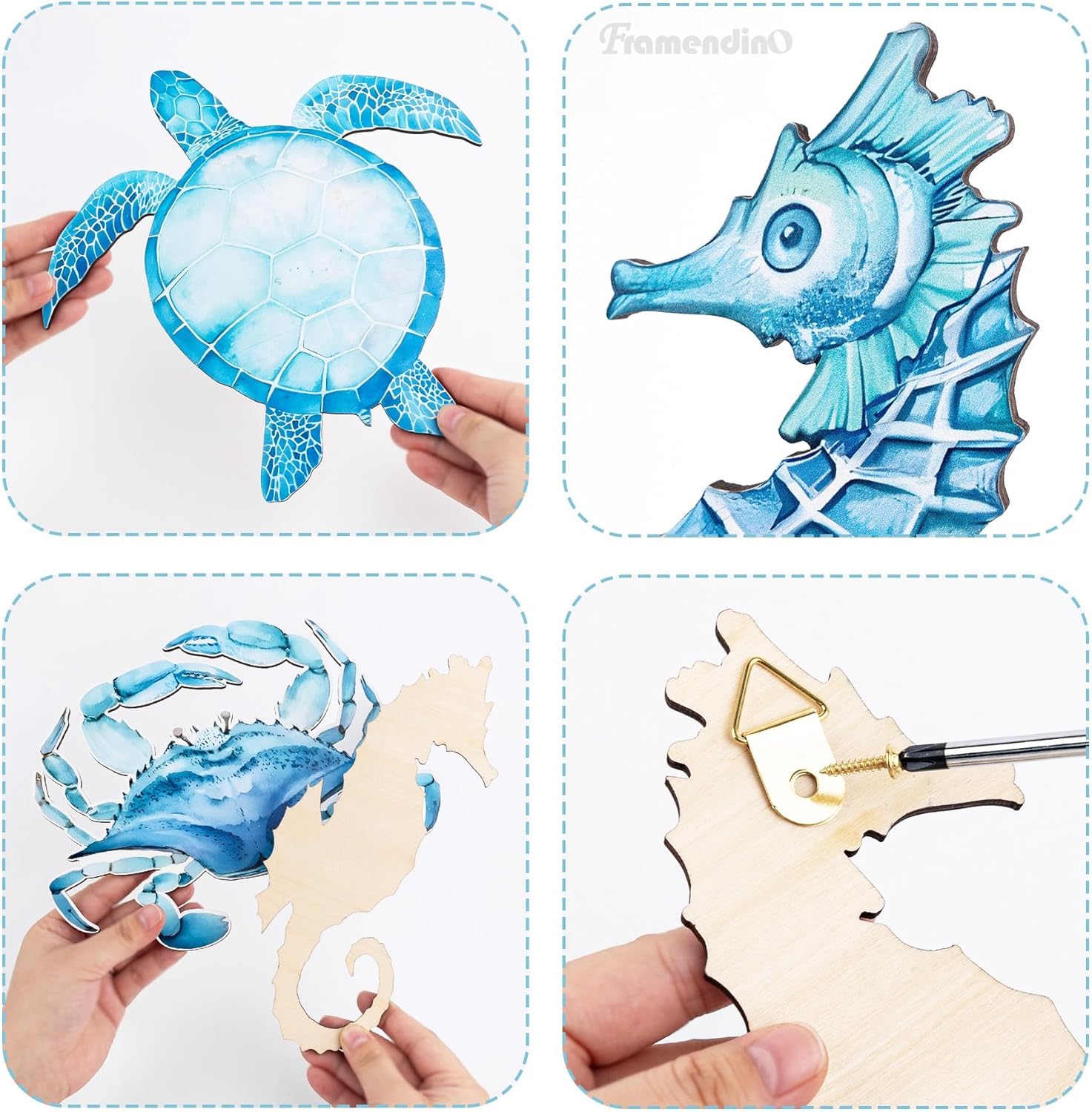 Framendino, 3 Pack Wood Beach Coastal Wall Decor Large Sea Turtle Seahorse Crab Hanging Ornament Blue Nautical Ocean Animal Decorations for Bathroom Bedroom - Image 3