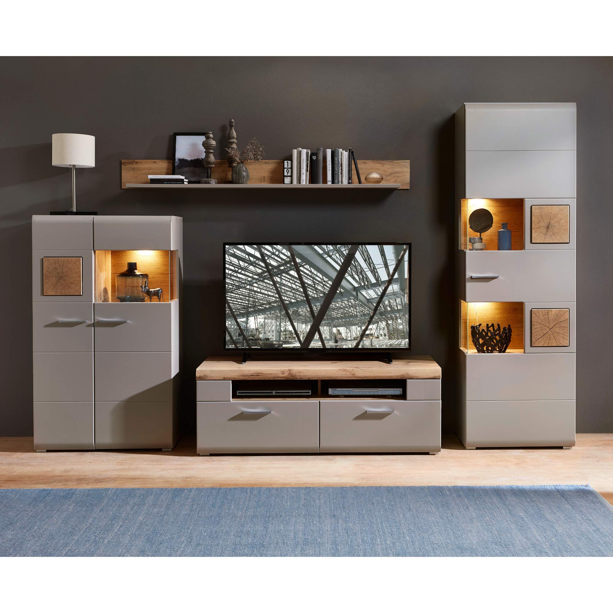 Stella Trading Plus 2 Mueble de TV en basalto con Bonita decoración de Roble Superior – Tabla Baja salón – 140 x 51 x 47 cm (Ancho x Alto x Profundidad)