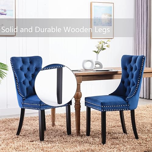 Miniatura 6 de Juego de 4 sillas de comedor tapizadas, sillas de comedor de terciopelo con ribete de anillo trasero y patas de madera maciza, sillas de cocina con
