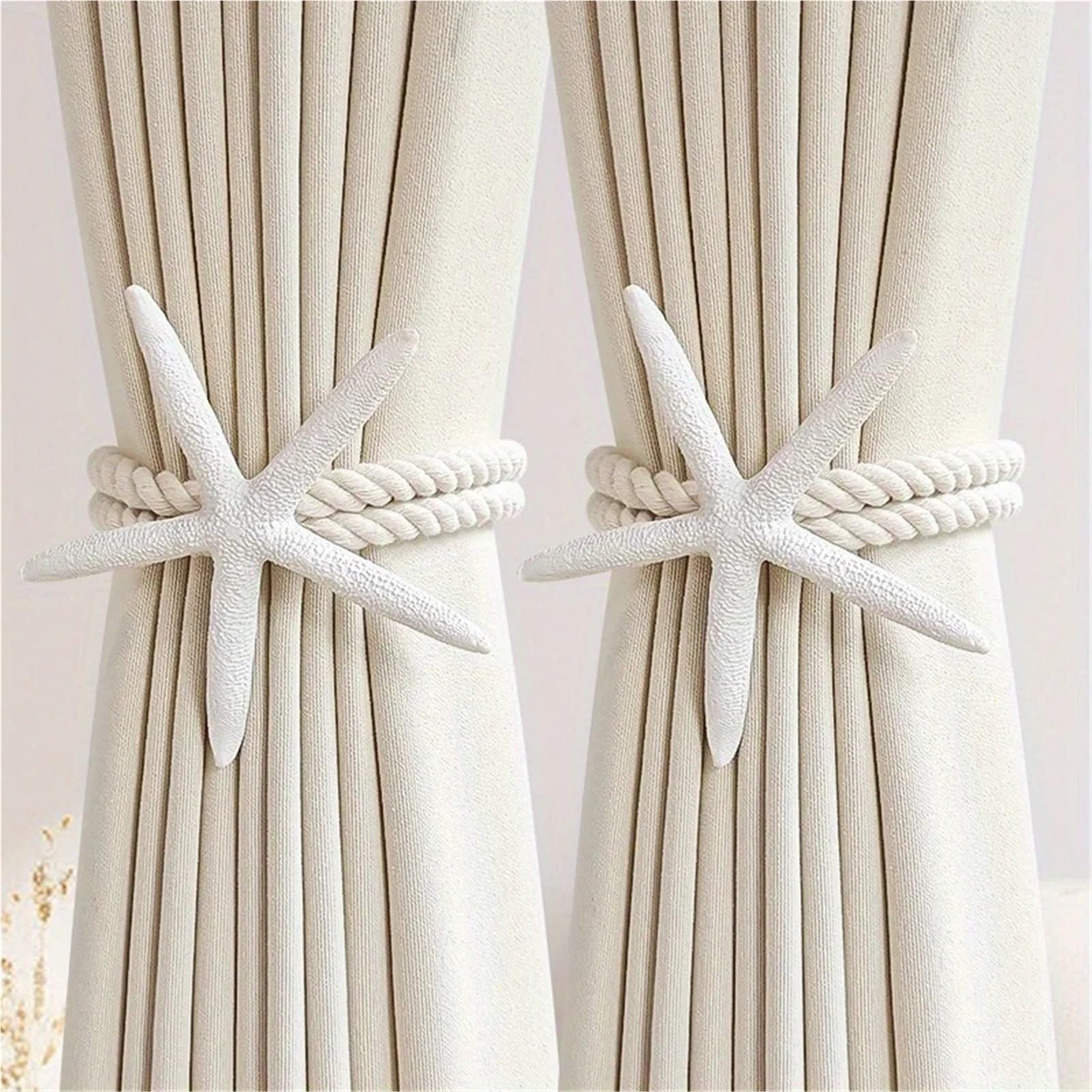 Crochets De Rideaux TresséS BohèMes Embrasses de Rideaux Boho réglables, tissées à la Main, décor d'étoile mer Naturel, Support draperie en Corde Coton et Lin for fenêtre