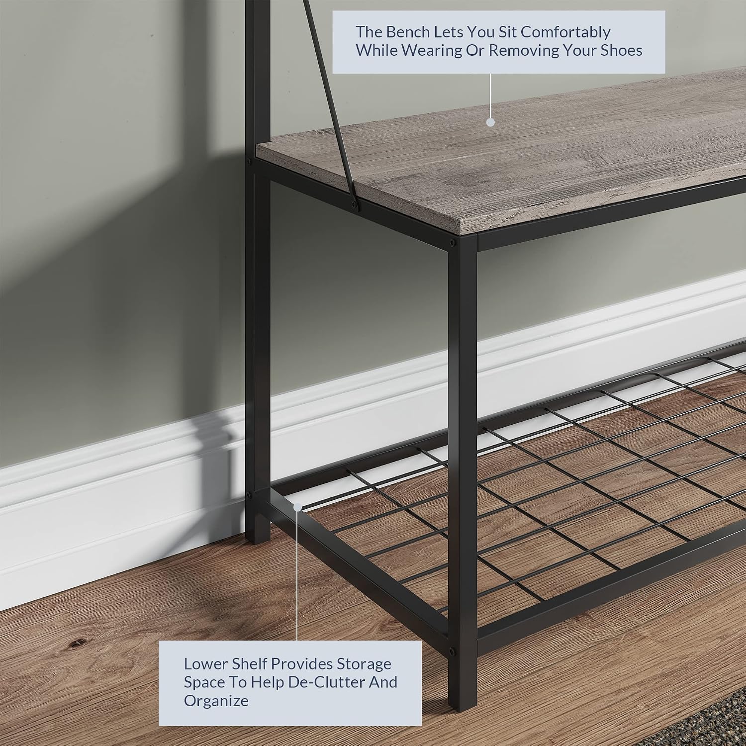 BELLEZE Bench Hall Tree, Entryway Storage Bench Shoe Rack, Hat and Coat Stand Accent Furniture with Black Metal Frame - Lexie (Gray Wash)