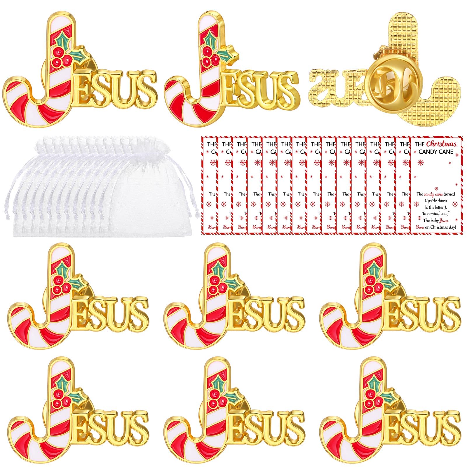 72 Sets Christmas Candy Cane Jesus Pins with Jesus Theme Cards and Organza Bags Christian Pins Bulk Christmas Lapel Brooch Religious Party Favors for Church Holiday Xmas Gift