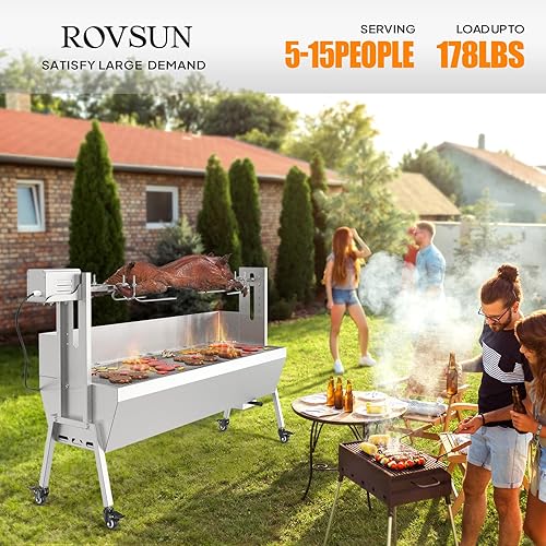 Miniatura 2 de ROVSUN Kit de parrilla para asador de 46 pulgadas, capacidad de 176 libras, parrilla eléctrica para cerdo, soporte para asador de cordero con ruedas