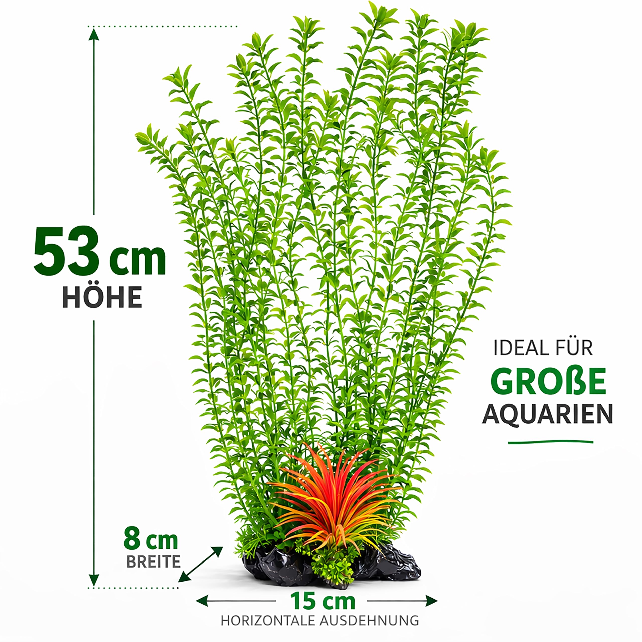 Aquarium Pflanzen künstlich 53 cm – Große Künstliche Aquariumpflanze, realistische Wasserpflanze für Aquarium Dekoration & Aquascaping, mit Tonbasis, pflegeleicht, naturgetreu, Süß- & Meerwasser