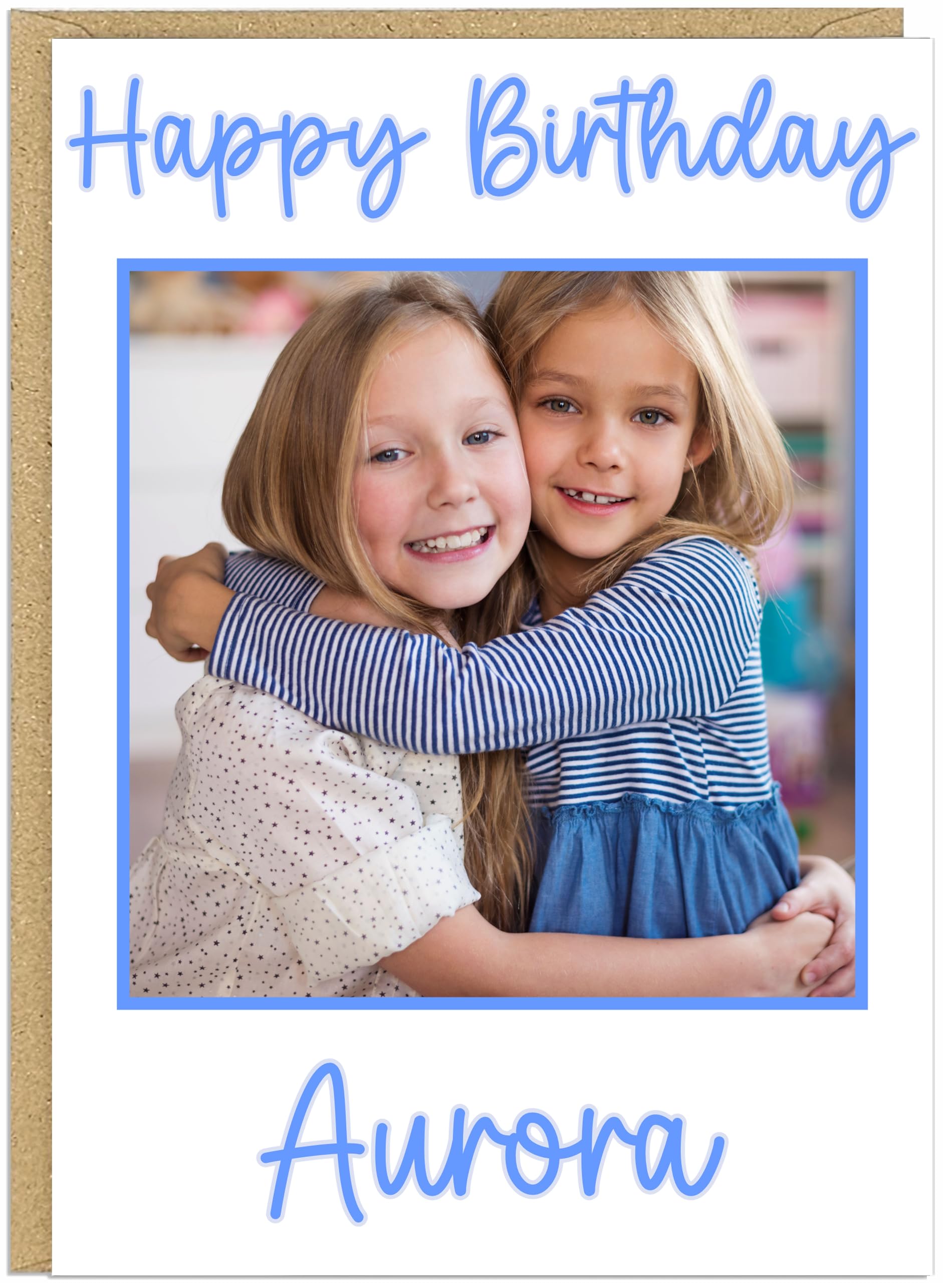 Personalised A5 Photo Happy Birthday Cards - Custom Own Name & Photo Auntie Mummy Grandma Best Friend Designs - 7 Colour Options Beige Blue Bright Pink Gold Grey & Pink (Blue)