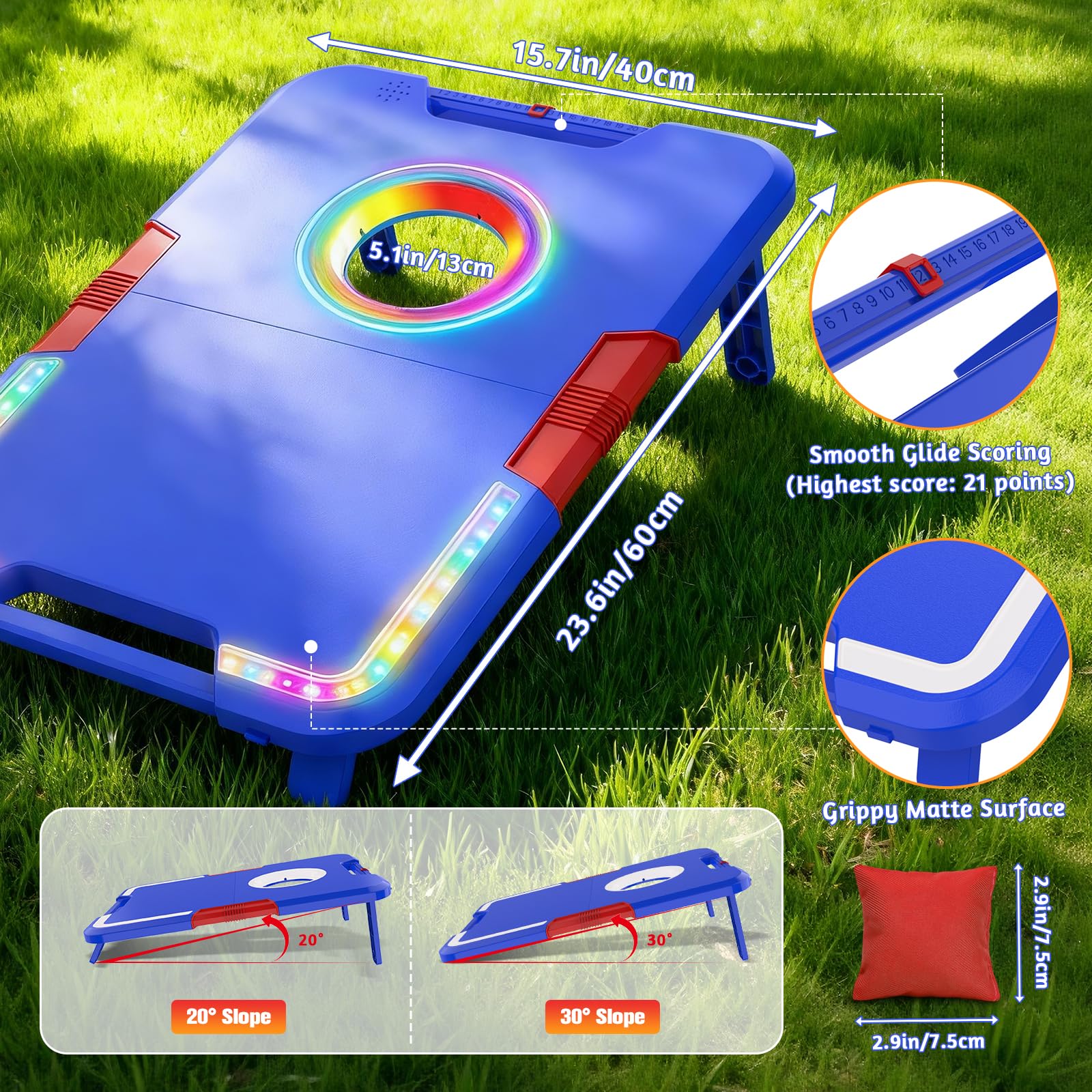 VATOS Tragbares Cornhole-Set mit LED-Lichtern & Soundeffekten, Punktanzeige, klappbar – 2 Spielbretter & 8 Beutel für Garten, Camping, Tailgate-Partys, Outdoor-Spiel für Kinder und Erwachsene