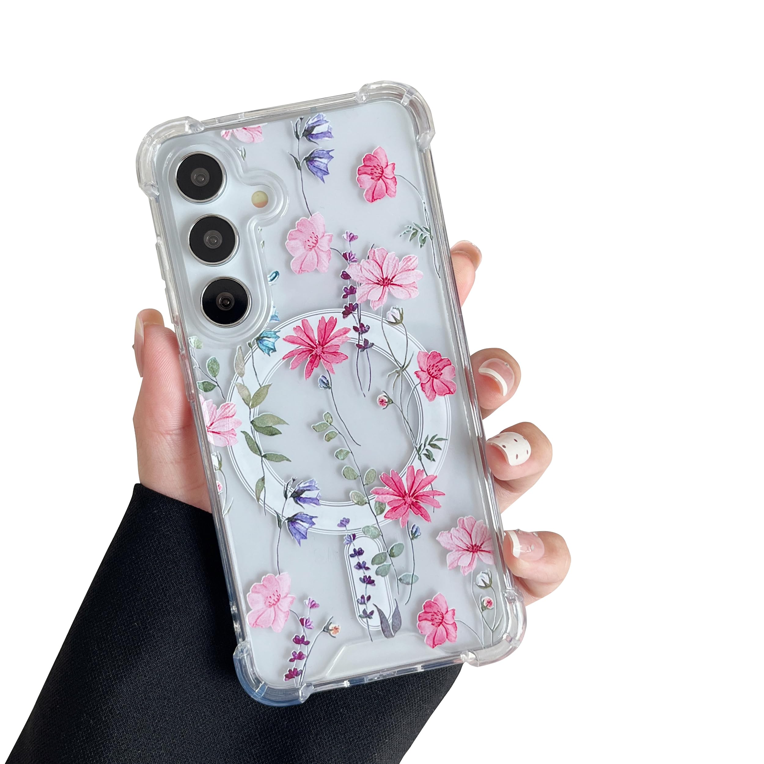 DEFBSC Magnetic Case for Samsung Galaxy S24 FE [Work with Magsafe] Clear Floral Flower Pattern Print Design Flexible Acrylic Shockproof Cover Flower