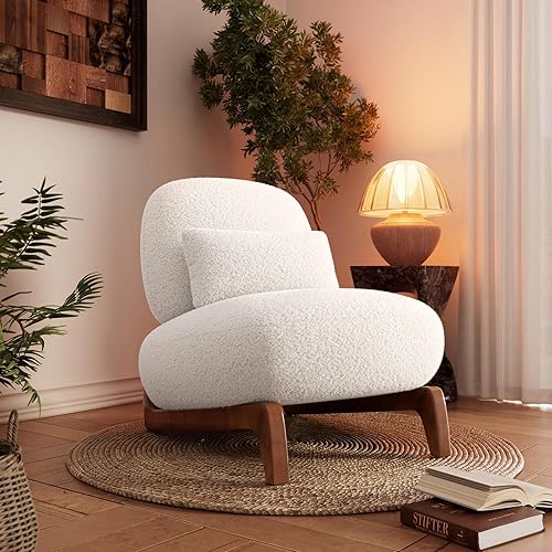 Morden Fort Silla Accent Cloud Boucle con respaldo inclinable, moderna silla de patas de madera sin brazos con cojín grueso para sala de estar,