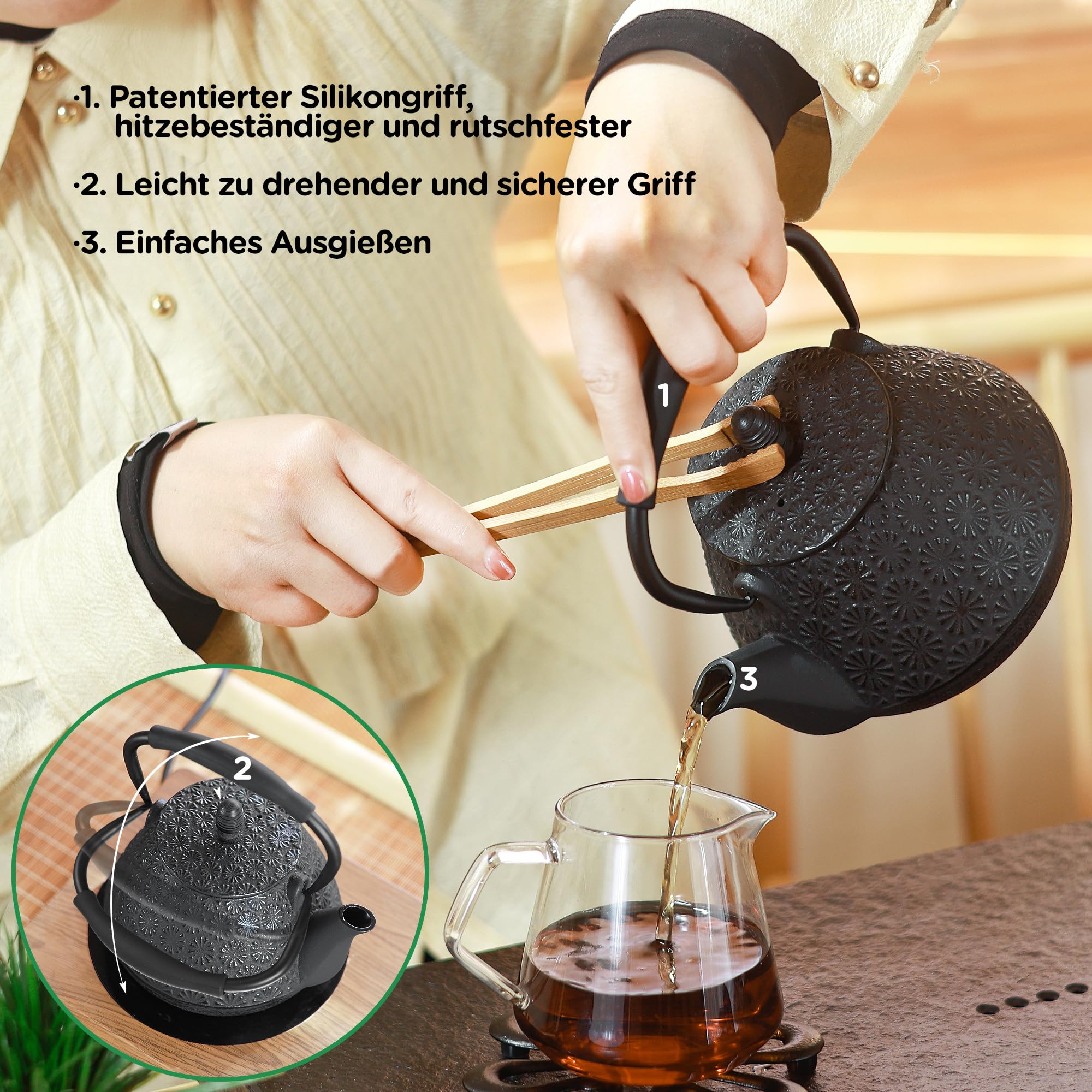 Gusseisen-Teekanne, 950ml japanisches Kirschblütenmuster Teekessel, herdtauglich, Infuser für losen Tee & Kaffee, Silikon-Griff, emailliertes Innenleben, 32oz Blau