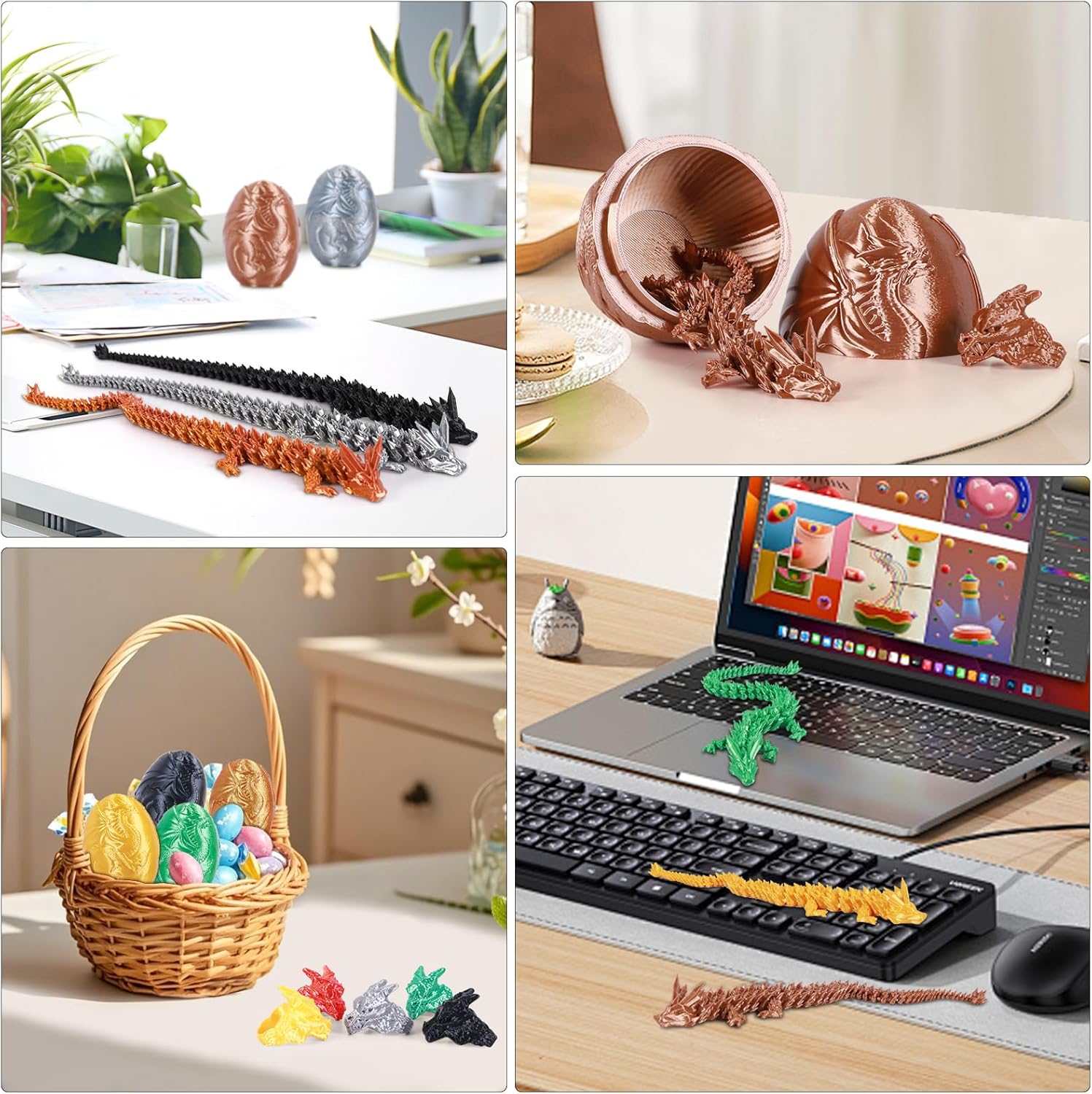 3D Printed Dragon Egg with Engraved Western Dragons - Surprise Gift Set with Articulated Crystal Dragon and Ring, Fidget Sensory Toys for Kids, Birthday Halloween for Boys and Girls