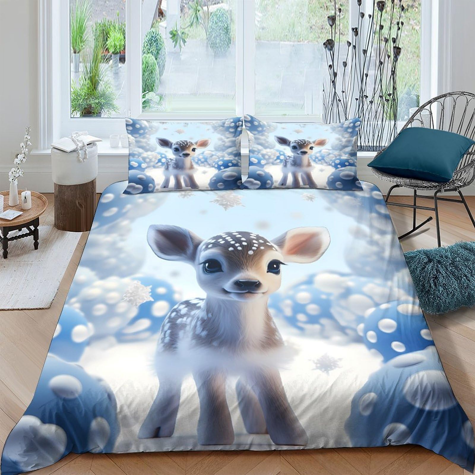 GPLZQXKJNH 3D Printed Cute Deer Duvet Cover Set Microfiber Soft Blue Forest Bedding with 2 Pillowcases for Bedroom Décor Single（135x200cm）