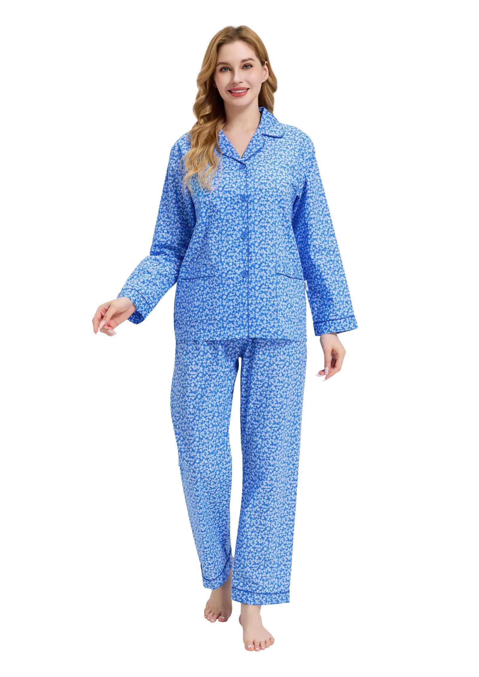 GLOBAL Conjunto de Pijama de Mujer 100% Algodón Floral de Manga Larga con Botones para Mujer Ropa de Dormir con Cordón Ropa de Dormir Suave y Transpirable Conjunto de Pijama de Mujer PJS