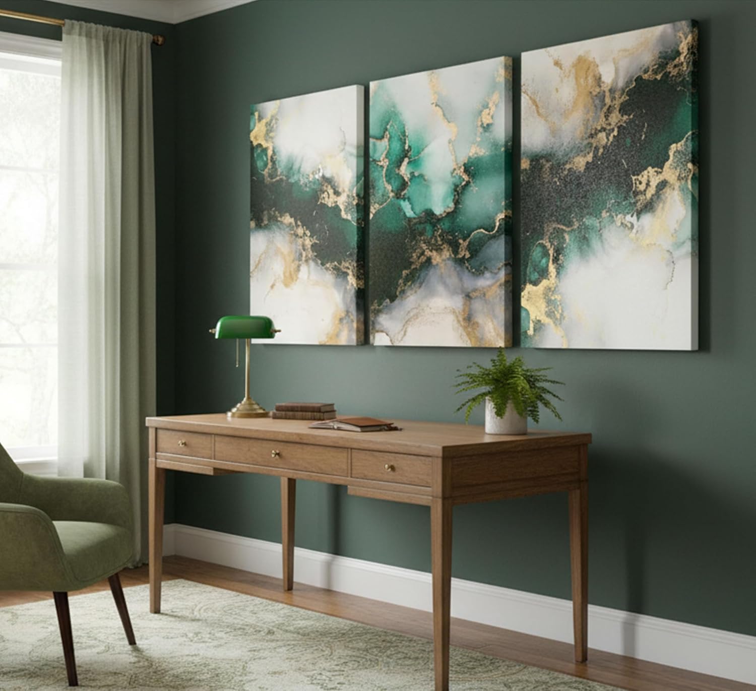 3 Piecs Emerald Green and Gold Canvas Wall Art Modern Abstract Glam Fluid Marble Painting Pictures Living room Wall Decor Posters Prints for Bedroom Bathroom Office Home Decoration