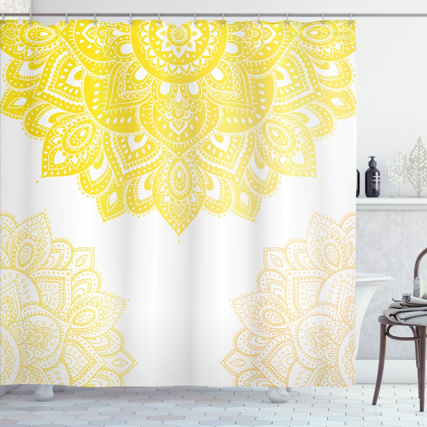 Ambesonne Flora Shower Curtain, South Mandala Design Vibrant Color Ornamental Illustration, Cloth Fabric Bathroom Decor Set with Hooks, 69" W x 75" L, Yellow Cream