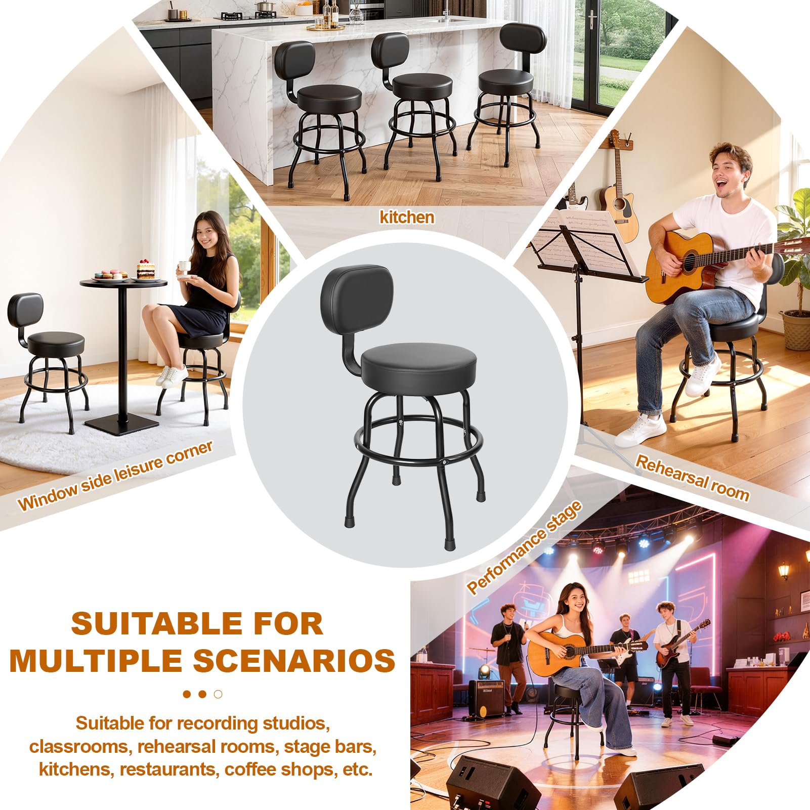Gitarrenhocker mit Rückenlehne und Fußstütze – 360° drehbarer Barhocker, ergonomischer Gitarrenstuhl – Ideal für Akustikgitarre, E-Gitarre & Bass – Für Zuhause, Tonstudio & Bühne (Schwarz-1)