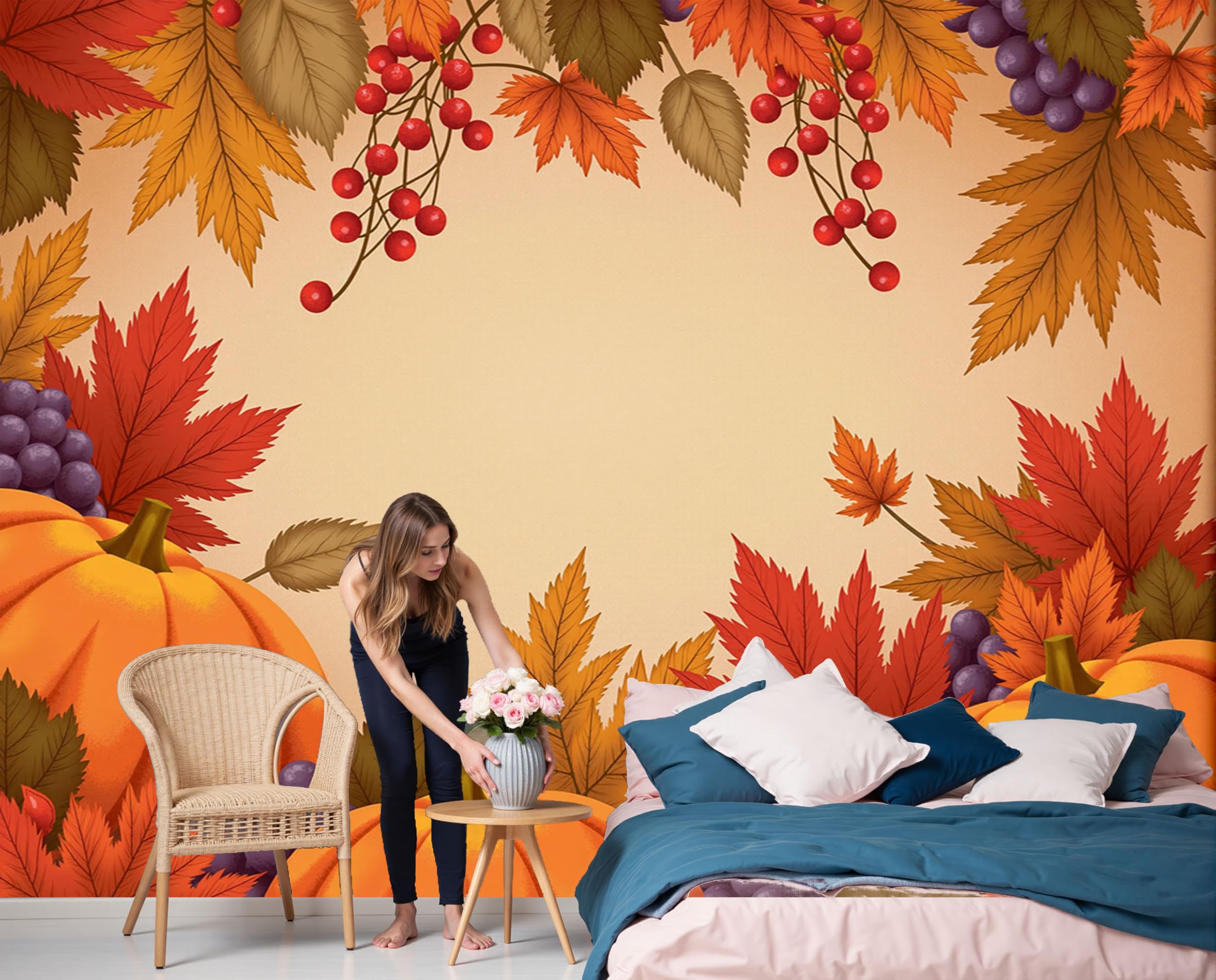 Papier peint panoramique 3D pour transformer un salon sombre avec un grand décor d'automne