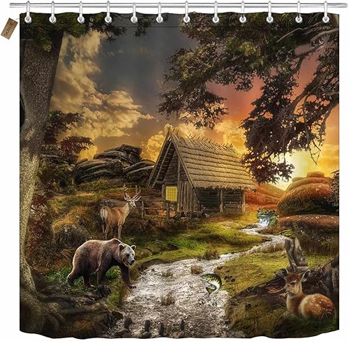Miniatura 2 de SKAILIÉ Juego de 4 cortinas de ducha de granja, diseño de oso, ciervo, alce, lubina, pesca, caza, vida silvestre, árbol, bosque, bosque, camuflaje,