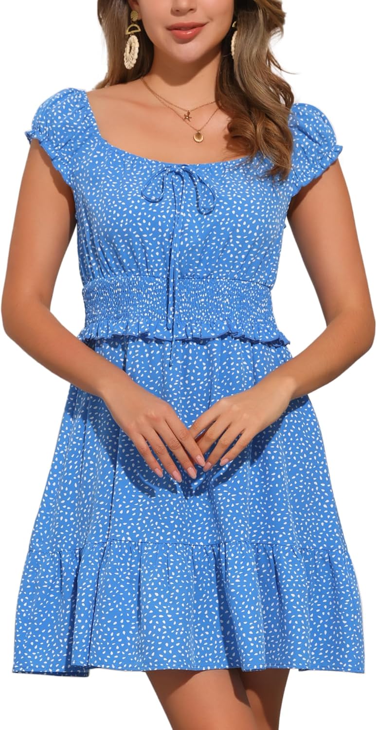 Allegra K Summer Boho Dress for Women's 2025 Smocked Ruffle Floral Dresses Cap Sleeve Tiered Mini Dress