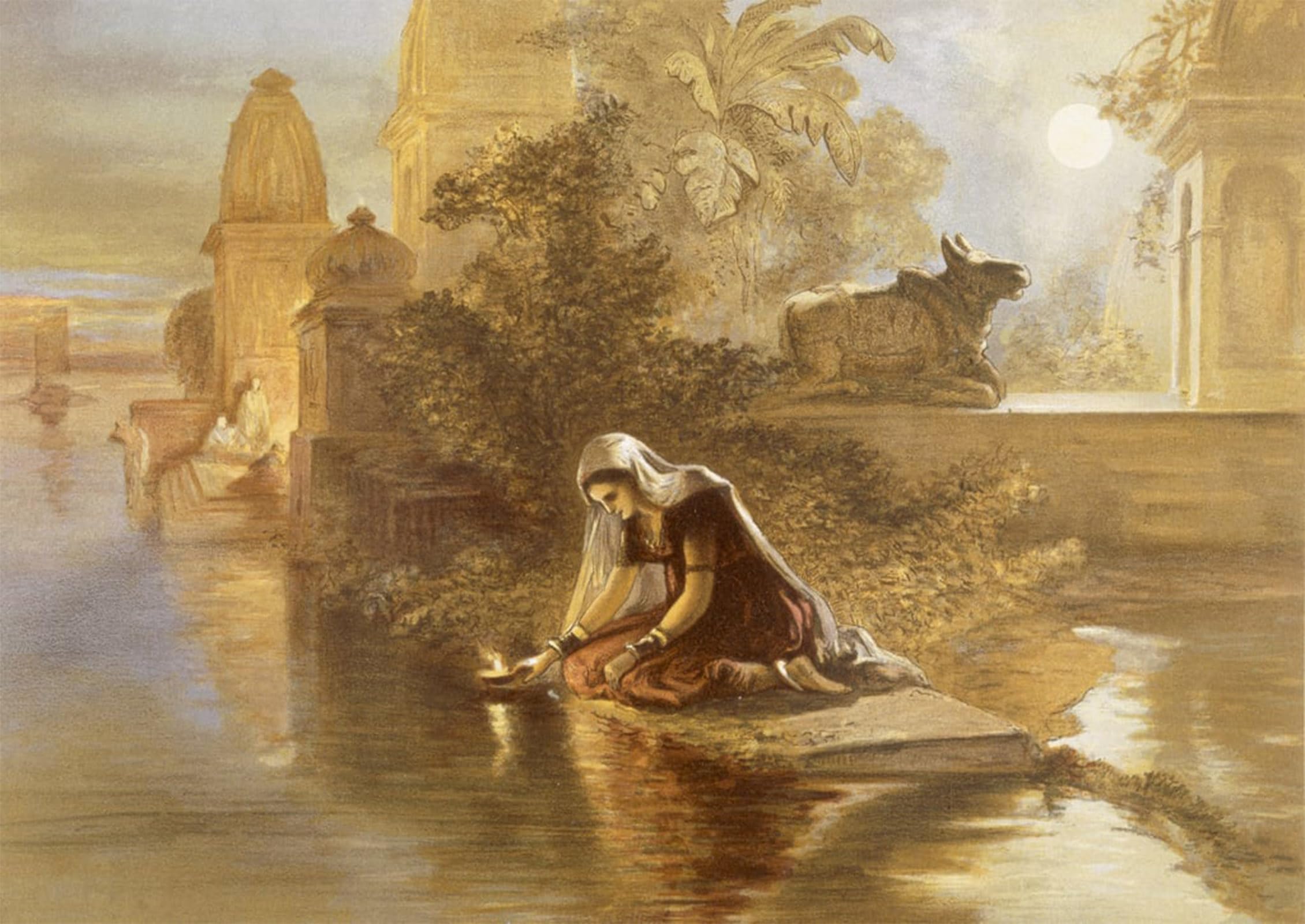 POSTERIIk Famous Modern Artwork Art Mural Indian Woman Floating Lamps on the Ganges From india Ancient and Modern by William Crimea Simpson Oil Paintings Pictures for Home Decor 60x90cm
