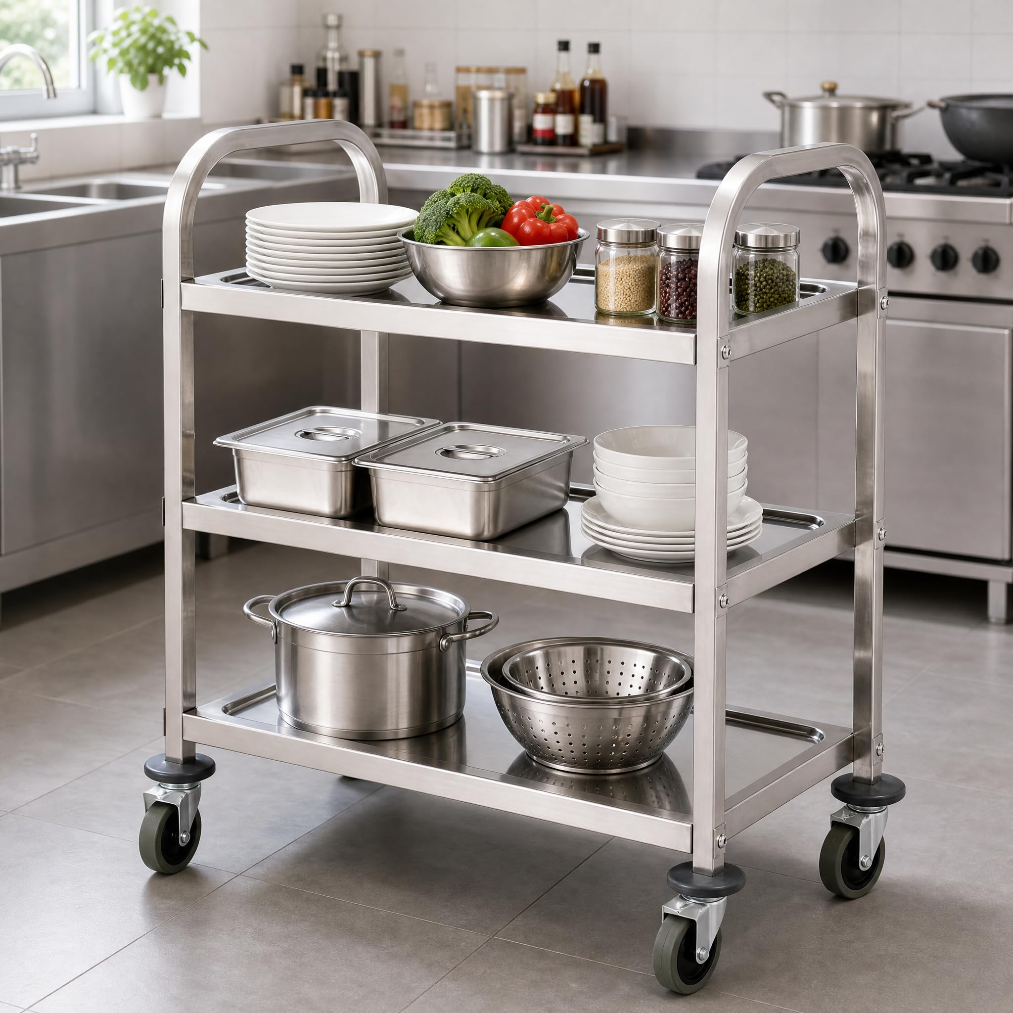 Chariot de Service en Acier Inoxydable avec roulettes Chariot à Main Roues 72x40x82cm
