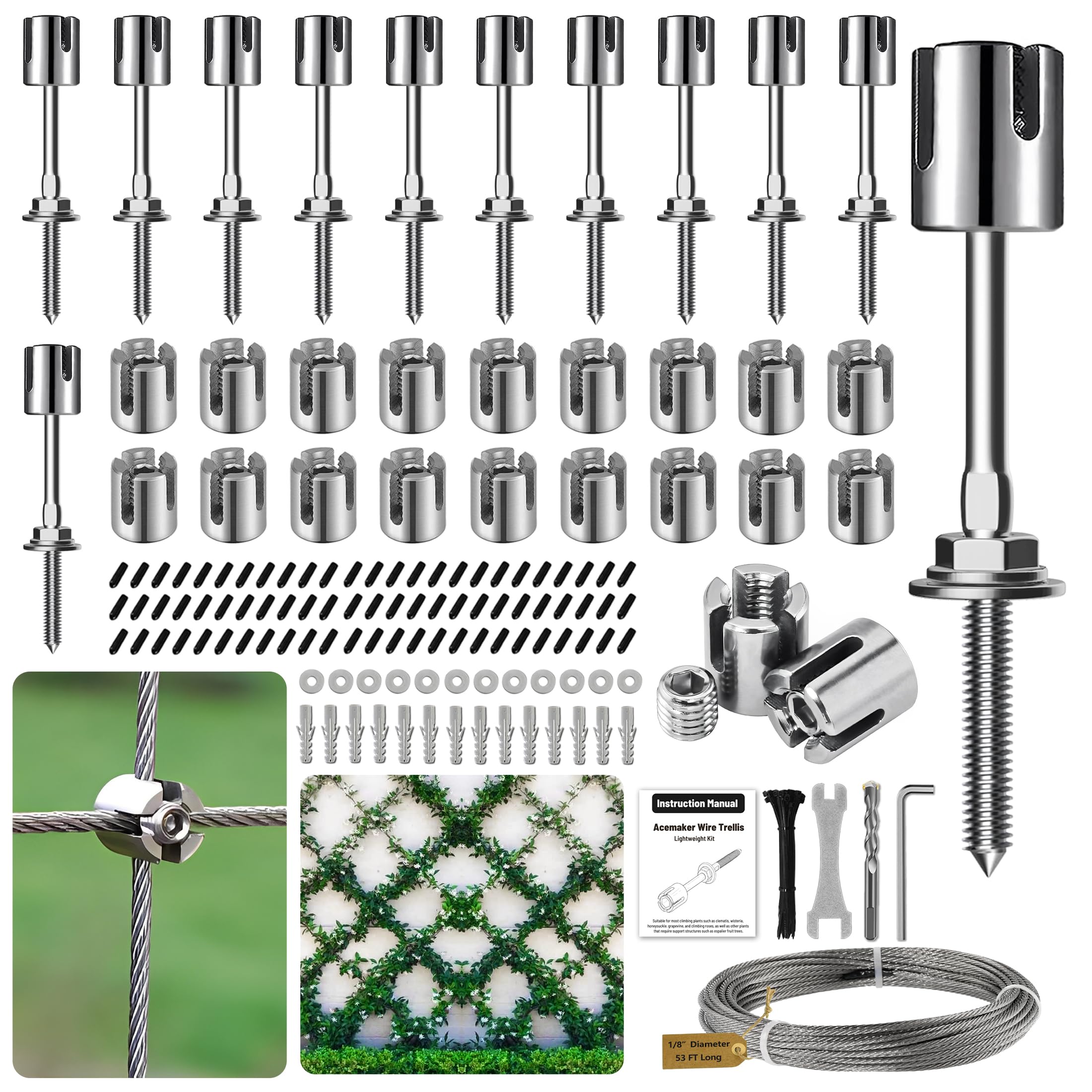 20Pcs Heavy Duty Cross Cable Clamp +12Pcs Cross Head Standoffs + 53ft Stainless Steel Wire Ropes | Acemaker Wire Trellis for Climbing Plants Outdoor