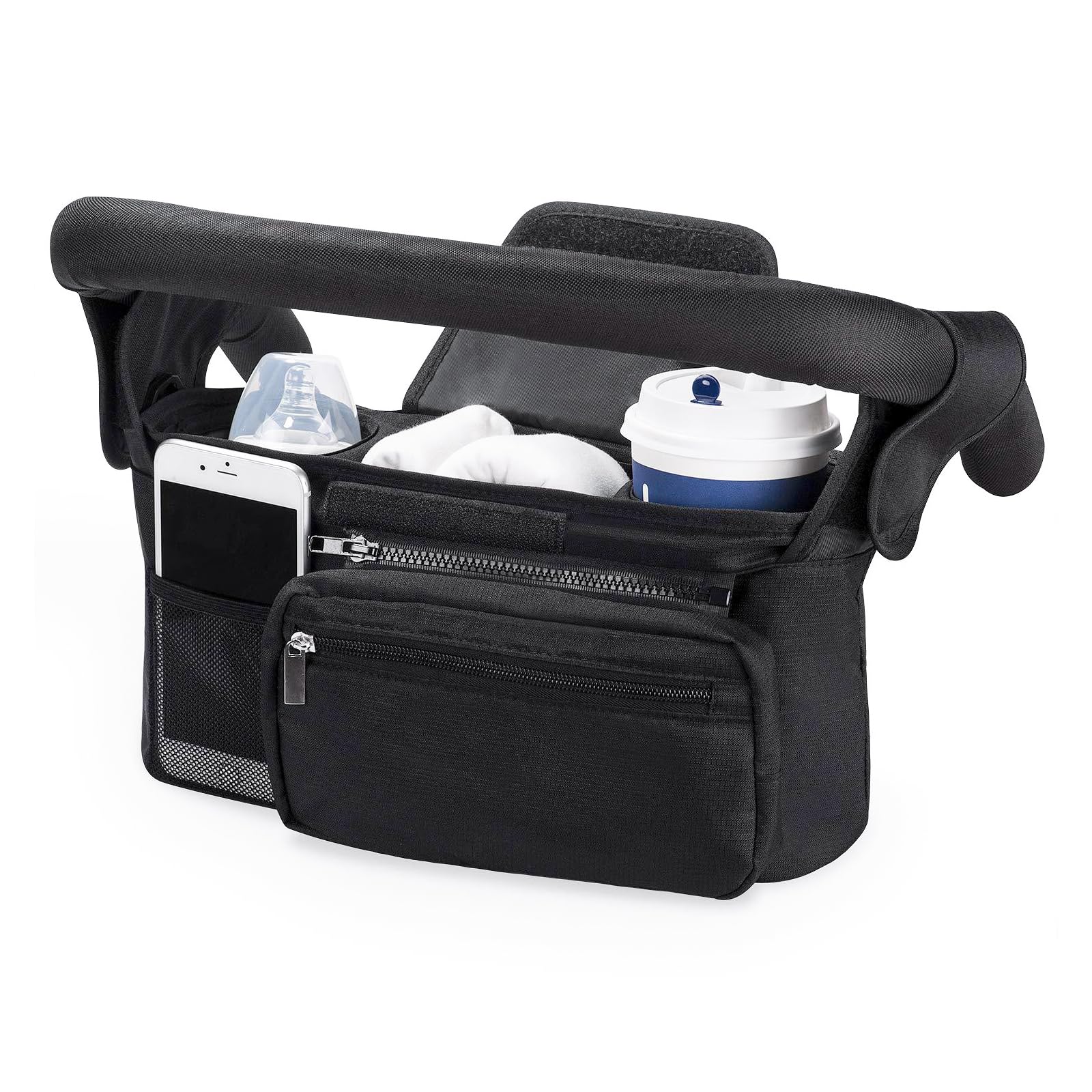 Sac de Rangement Universel pour Poussette, Poussette Organisateur avec Poche zippée, Grande Capacité Organisateur de Buggy Pour Poussette avec Porte-Bouteilles Isolés, Noir
