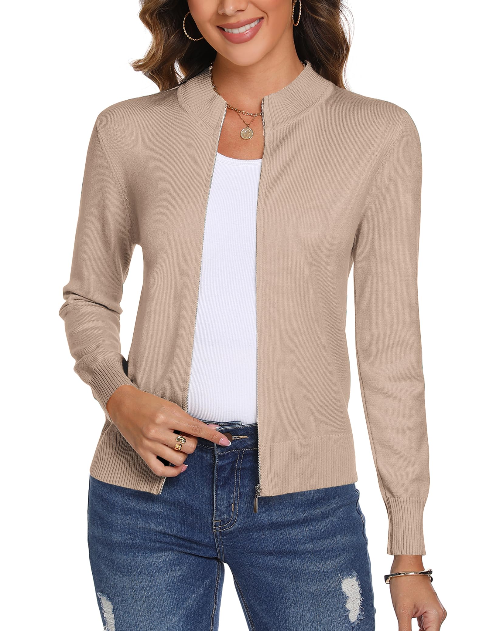 Aottori Strickjacke Damen Kurz mit Reißverschluss Strickjacken Cardigan Langarm Stehkragen Elegant Trachtenjacke Pullover Einfarbig Strickmantel Jacke Outerwear