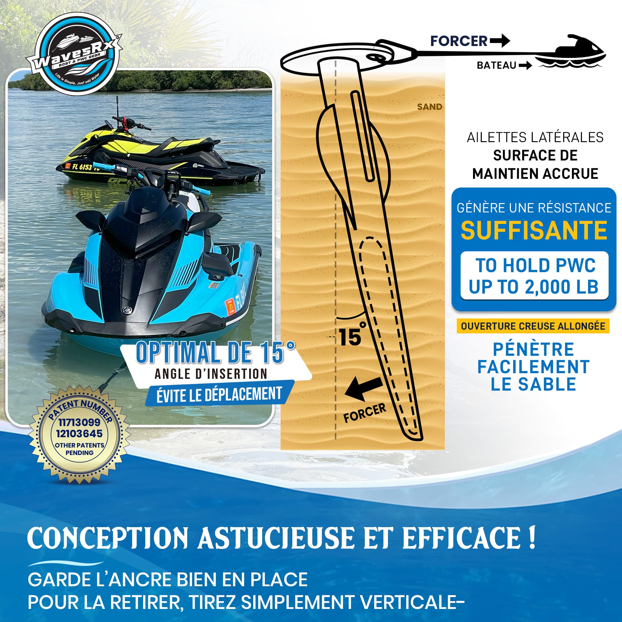 WAVESRX Ancre de Plage à Piquet en Aluminium brevetée | Ultra-légère pour Bateau, Ponton, PWC, Jet-Ski ou Kayak | Ancrage sûr près du Rivage, Banc de Sable ou Eau Peu Profonde