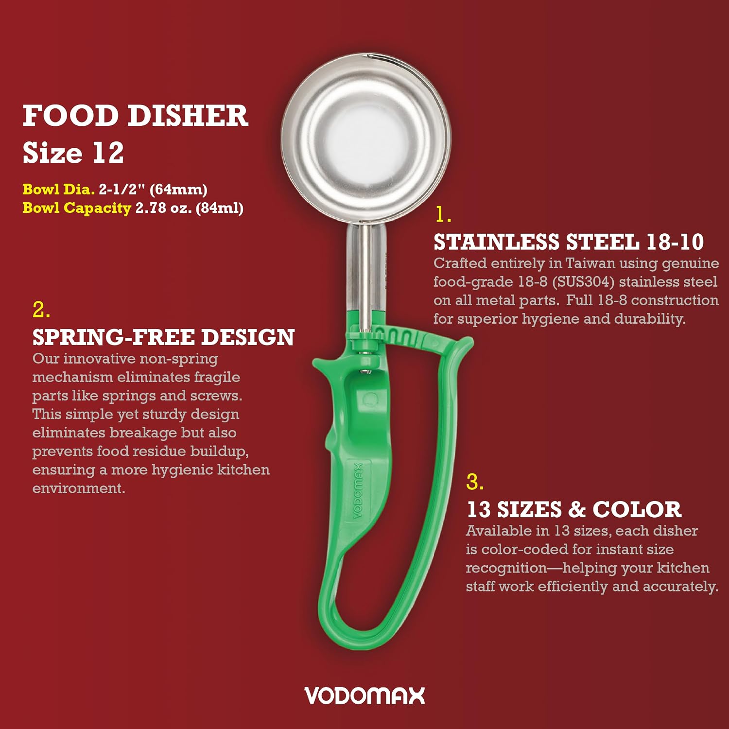 Size 12 GREEN (2.78 oz.) VODOMAX Commercial Food Disher, Heavy Duty Scoop, Stainless Steel 18-10, #12 Scoop, Rice Scooper, 1/3 Cup Best Rated Ice Cream Scoop, Zeroll-Compatible, 2-2/3 oz. Disher