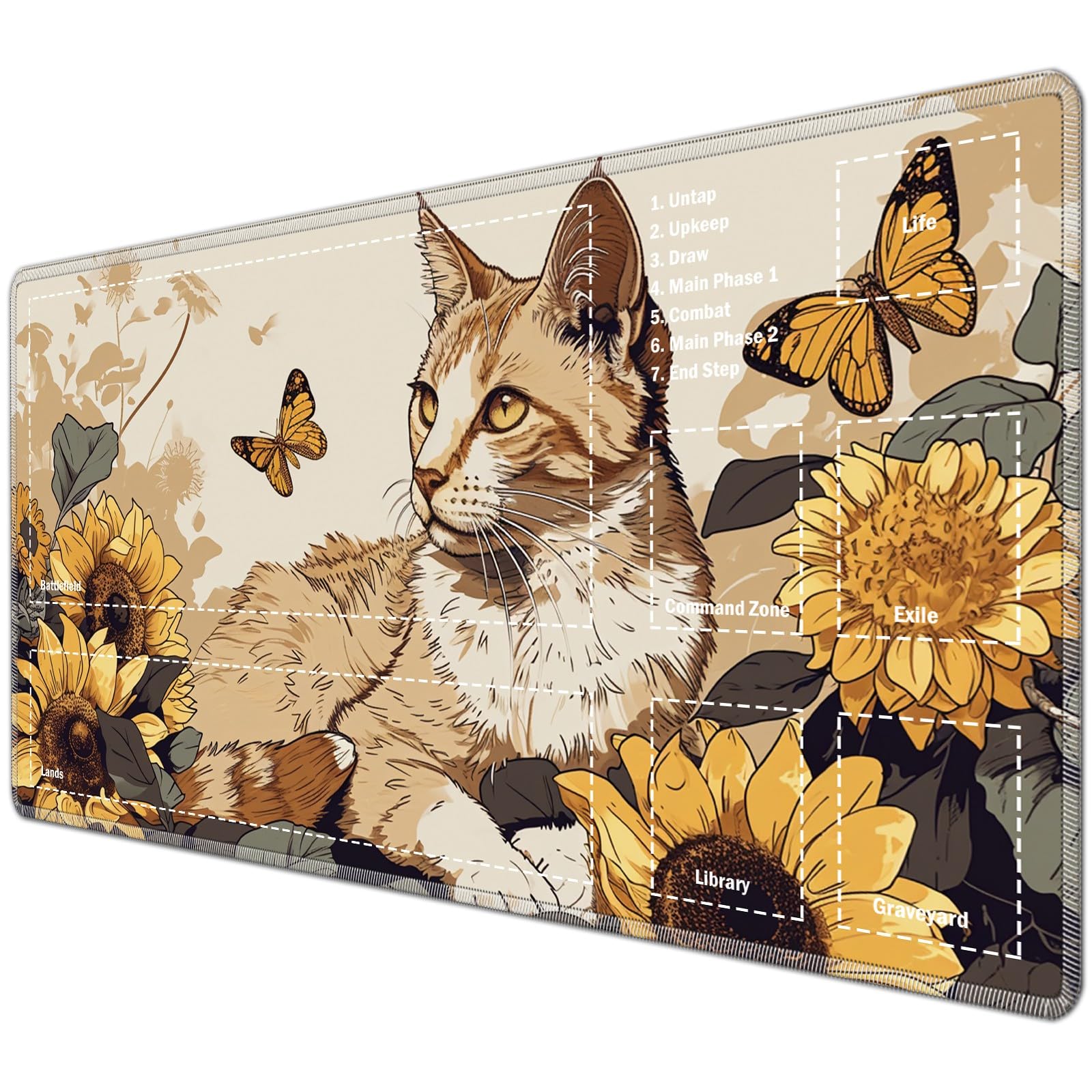 JANENFNA TCG Playmat with Magic Zones 24 x 14 inches Mousepad Compatible for MTG Trading Card Game Play Mats Smooth Rubber Surface Magic The Gathering Play Mat, White Cat — image 1